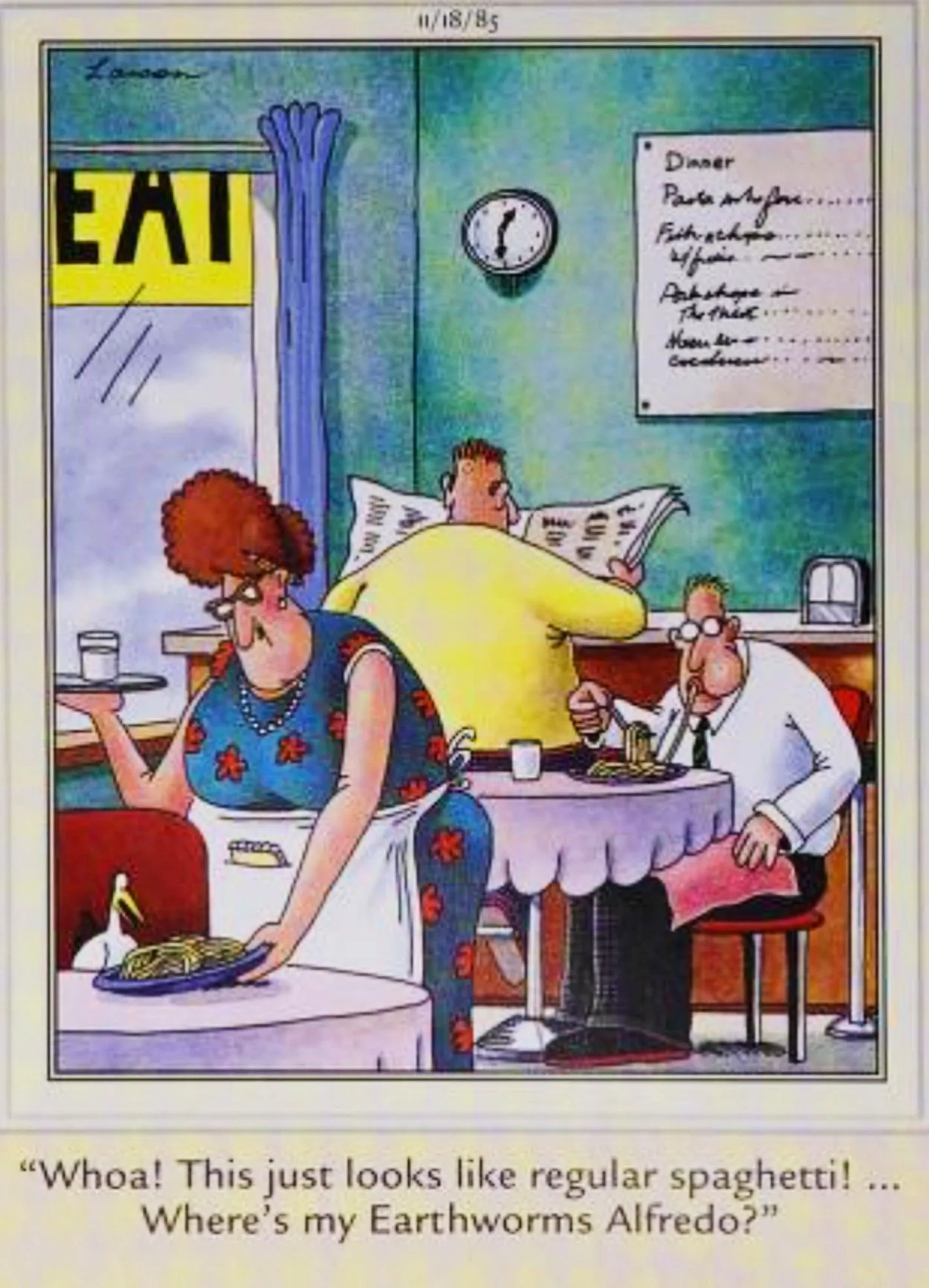 Far Side, November 18, 1985, a man and a bird get their orders mixed up at the diner Far Side, November 18, 1985, a man and a bird get their orders mixed up at the diner