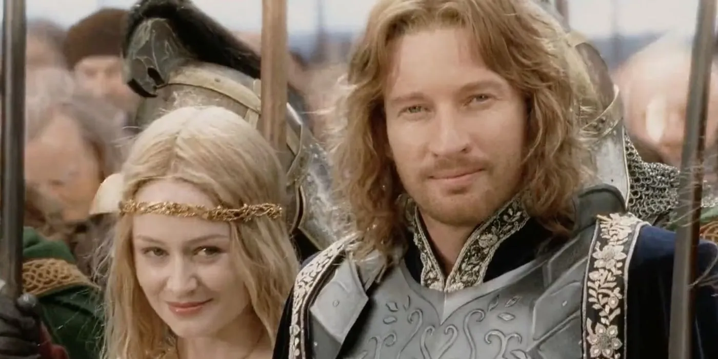 Éowyn standing behind Faramir at Aragorn's coronation ceremony.