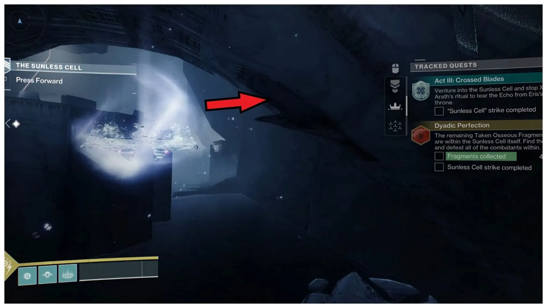 The opening for the fifth Fragment in Destiny 2 Sunless Cell (Image via Bungie/Esoterickk YT) The opening for the fifth Fragment in Destiny 2 Sunless Cell (Image via Bungie/Esoterickk YT)