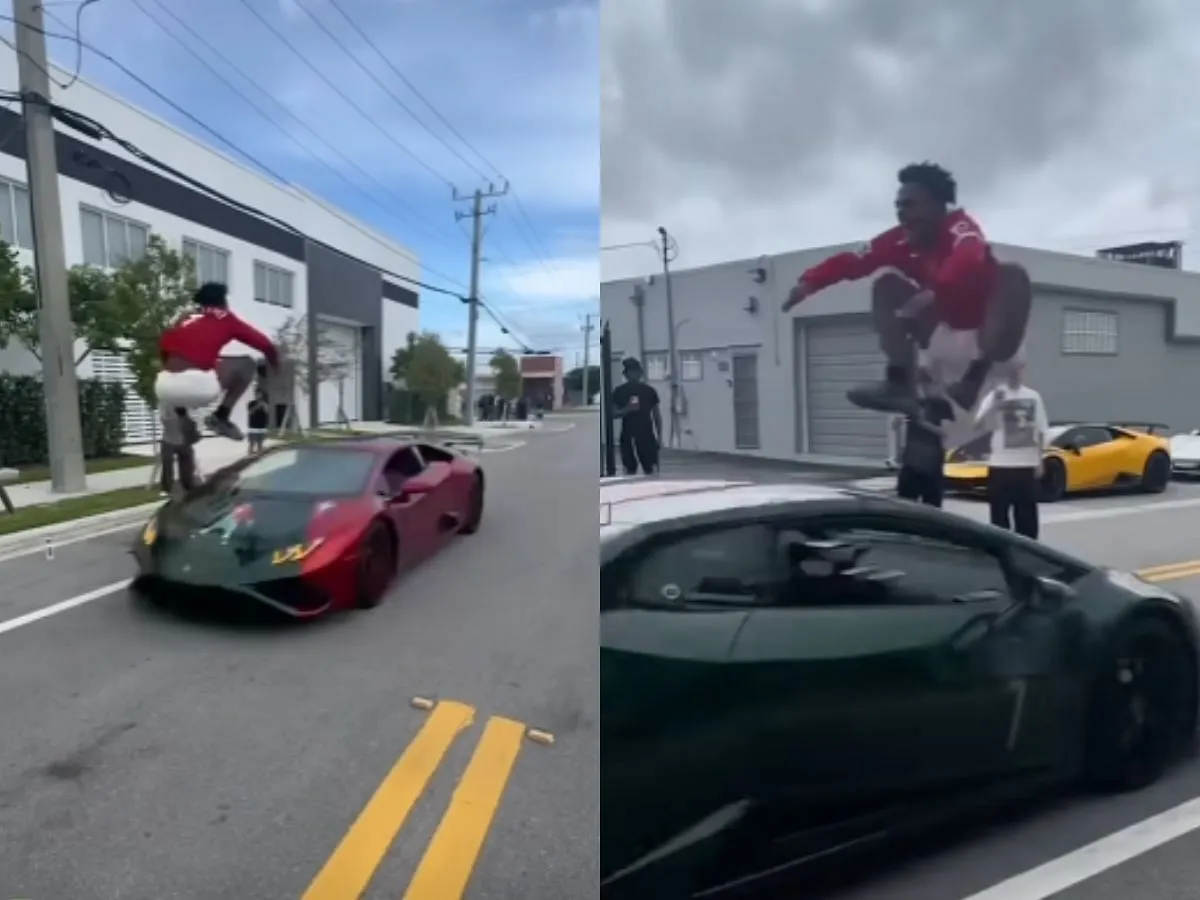 IShowSpeed jumping over two speeding cars (Image via YouTube/@IShowSpeed)