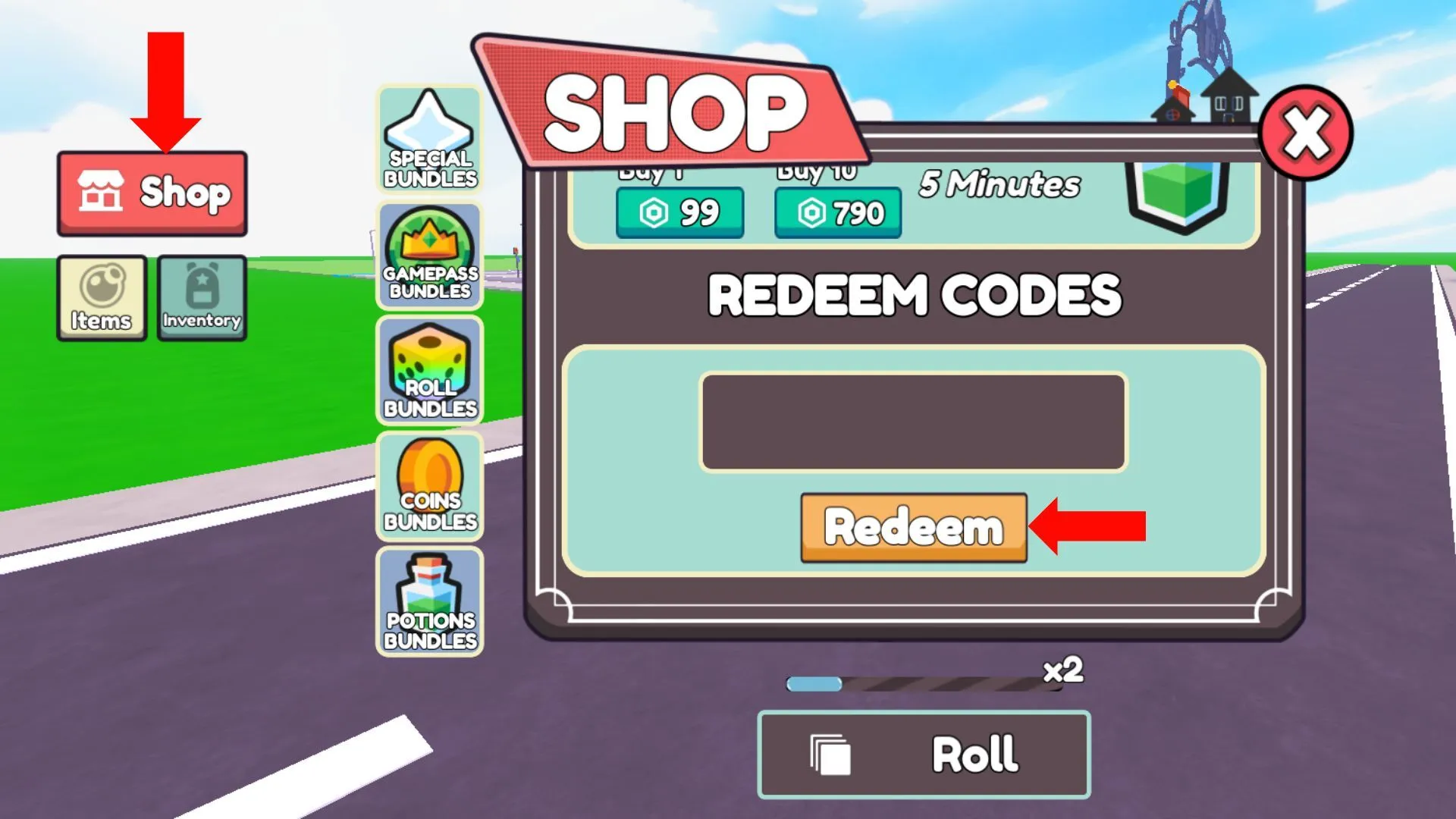 The code redemption box is at the bottom of the Shop menu (Image via Roblox)