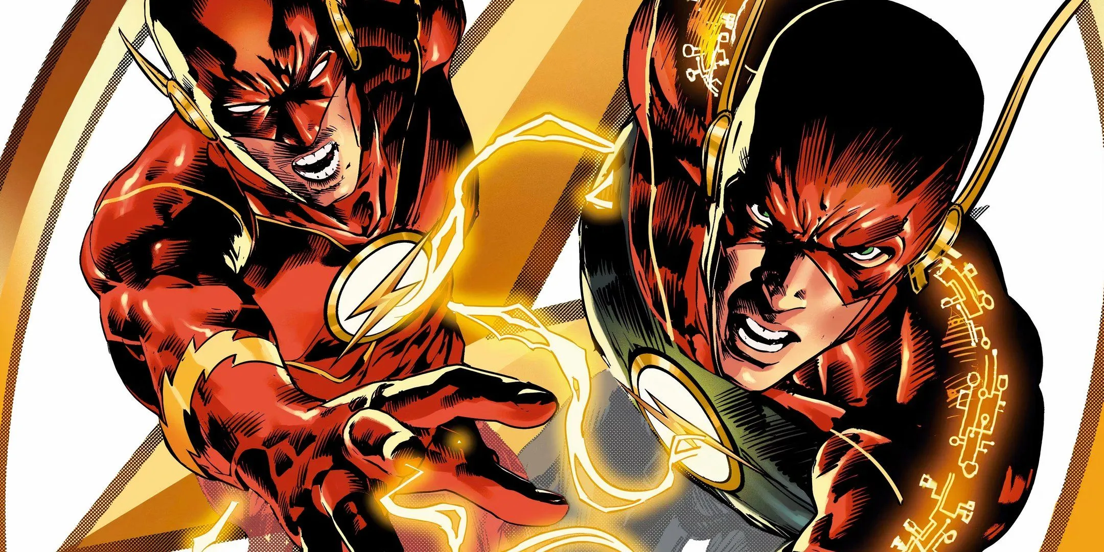 Comic book illustration showing two versions of the Flash racing side by side. Comic book illustration showing two versions of the Flash racing side by side.