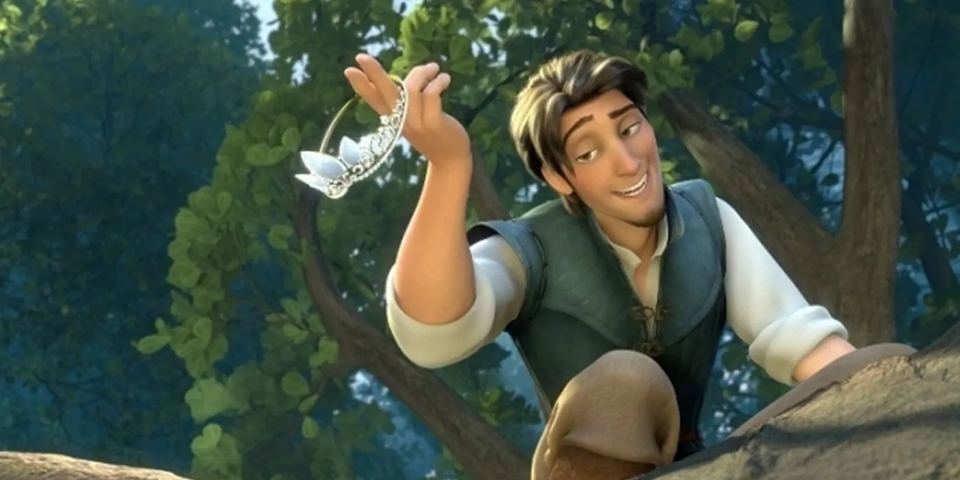 Flynn Rider holding a stolen crown in Tangled