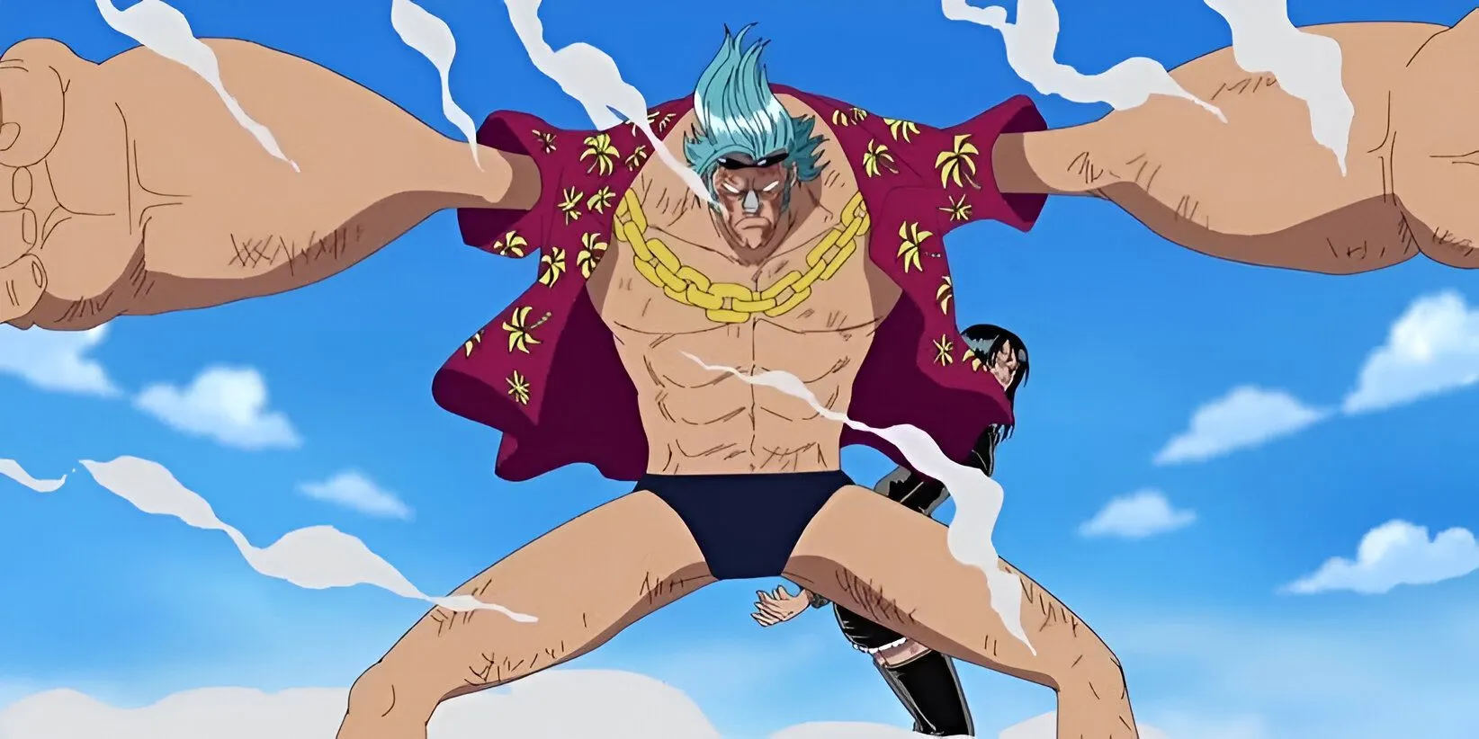 Franky protecting Nico Robin in One Piece. Franky protecting Nico Robin in One Piece.