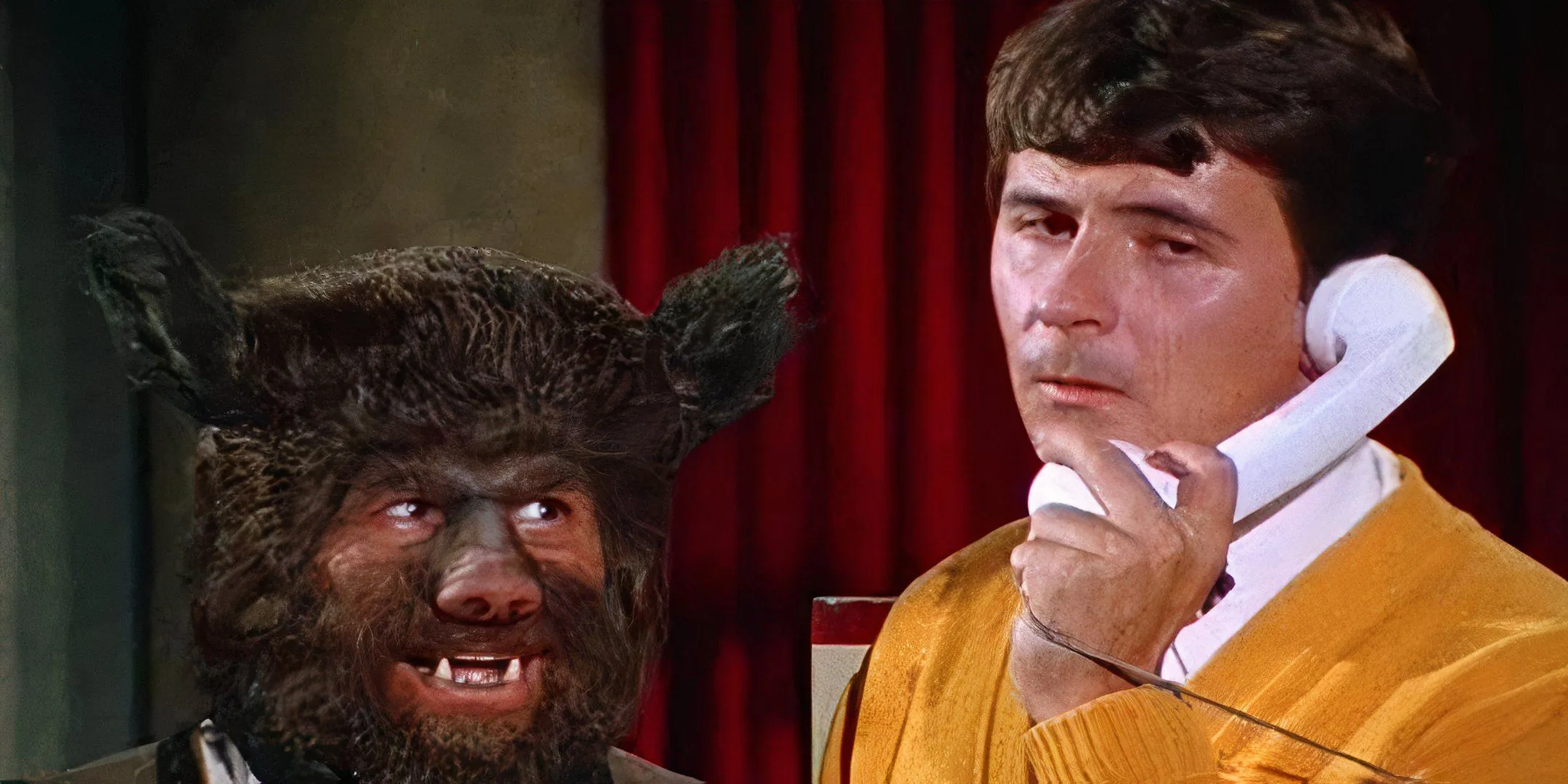 The Wolfman grins creepily next to a man on the phone. The Wolfman grins creepily next to a man on the phone.