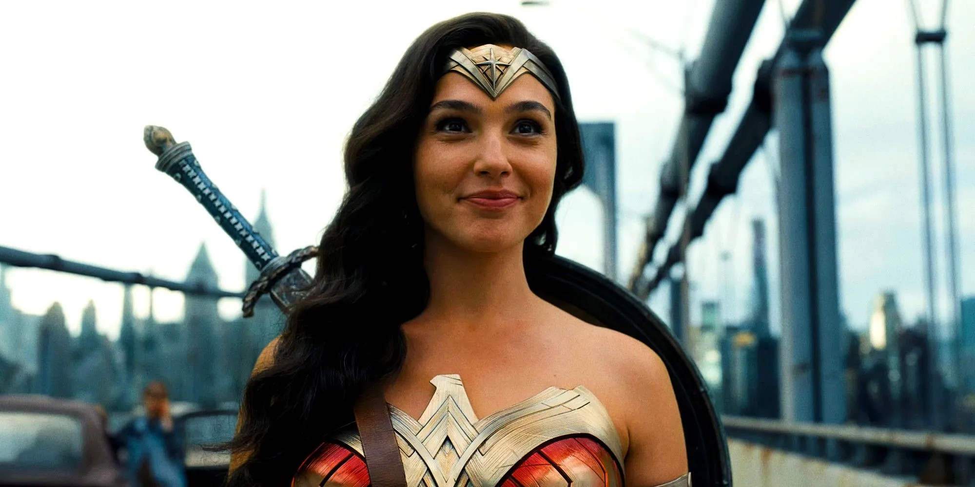 Gal Gadot as Wonder Woman standing on a bridge in The Flash