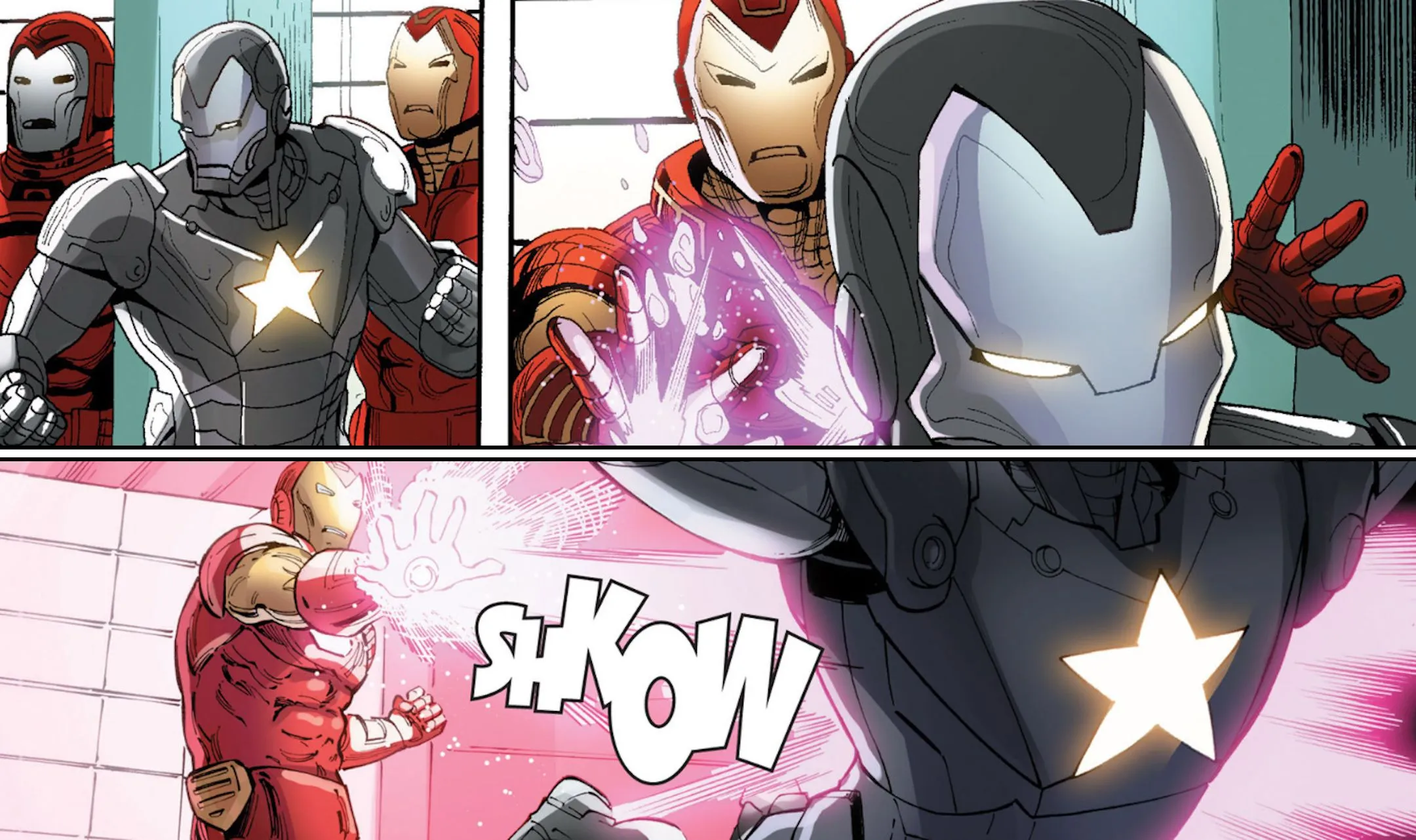 Gambit attacks in Iron Man armor Gambit attacks in Iron Man armor