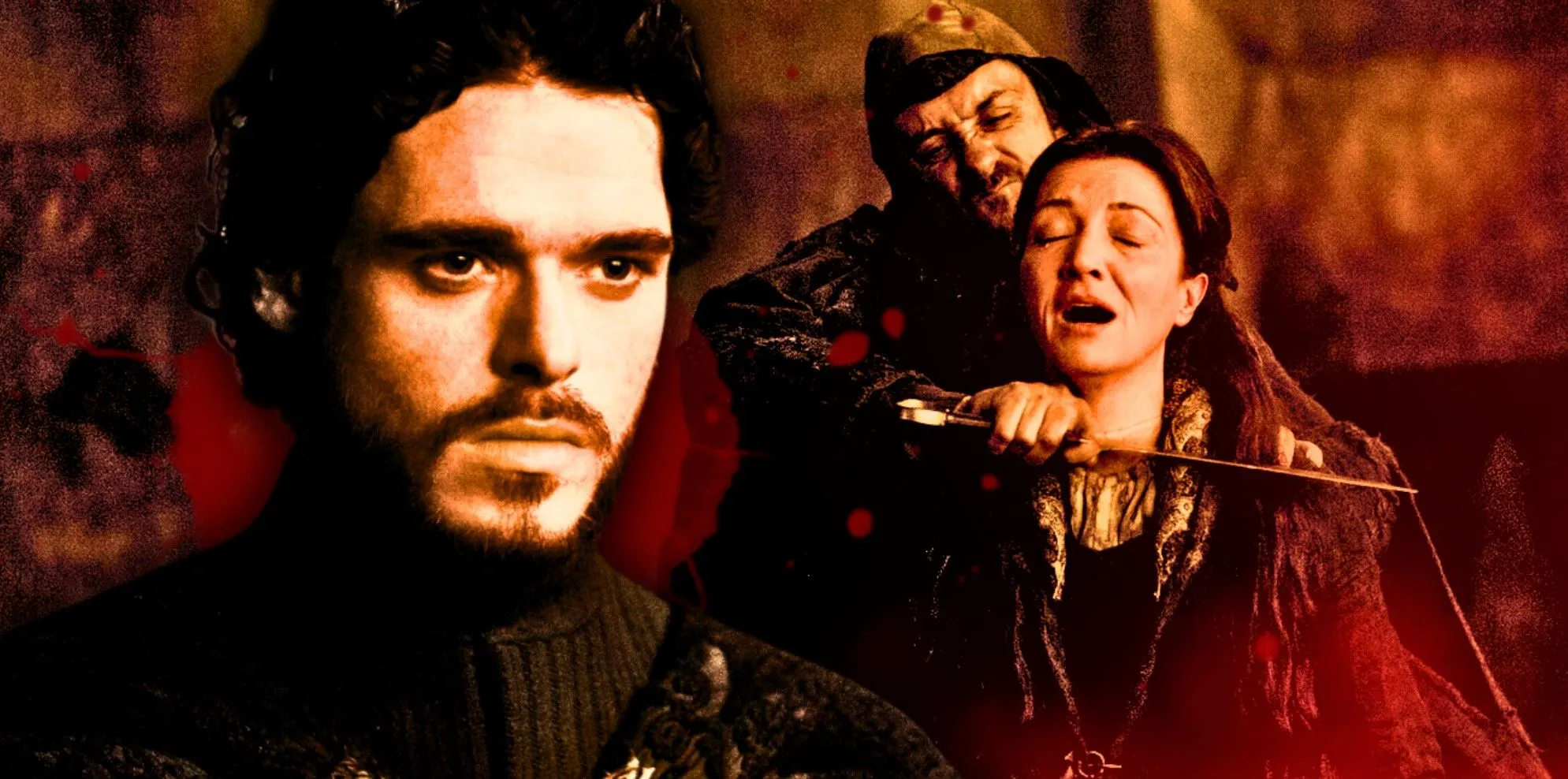 Robb Stark looking stern with an image of Catelyn Stark's throat being cut at the Red Wedding in Game of Thrones Robb Stark looking stern with an image of Catelyn Stark's throat being cut at the Red Wedding in Game of Thrones