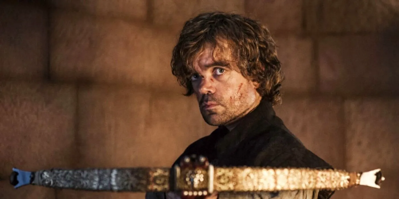 Tyrion holds a crossbow in Game of Thrones Tyrion holds a crossbow in Game of Thrones