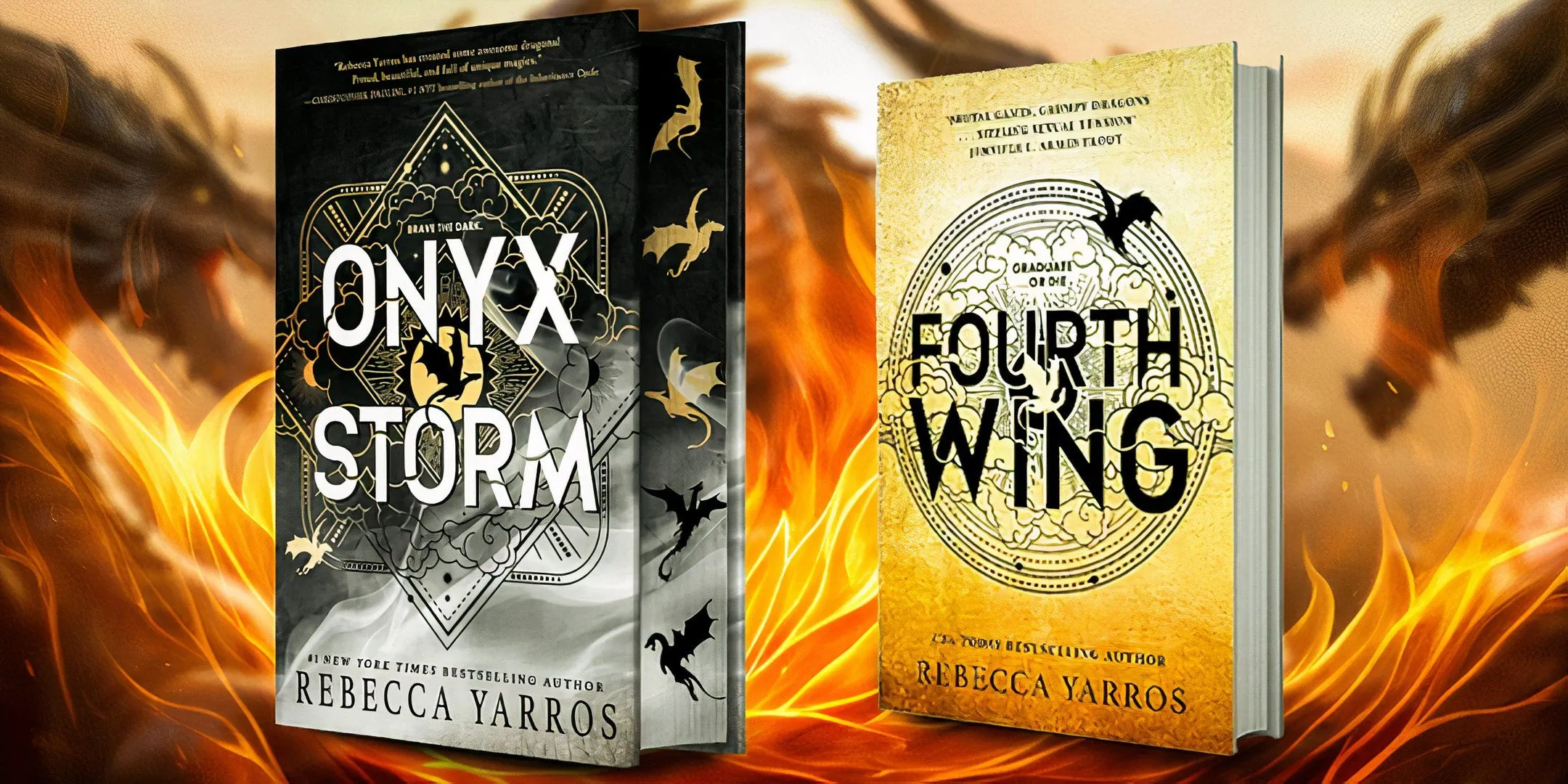 Covers of Fourth Wing and Onyx Storm with flames and dragons background