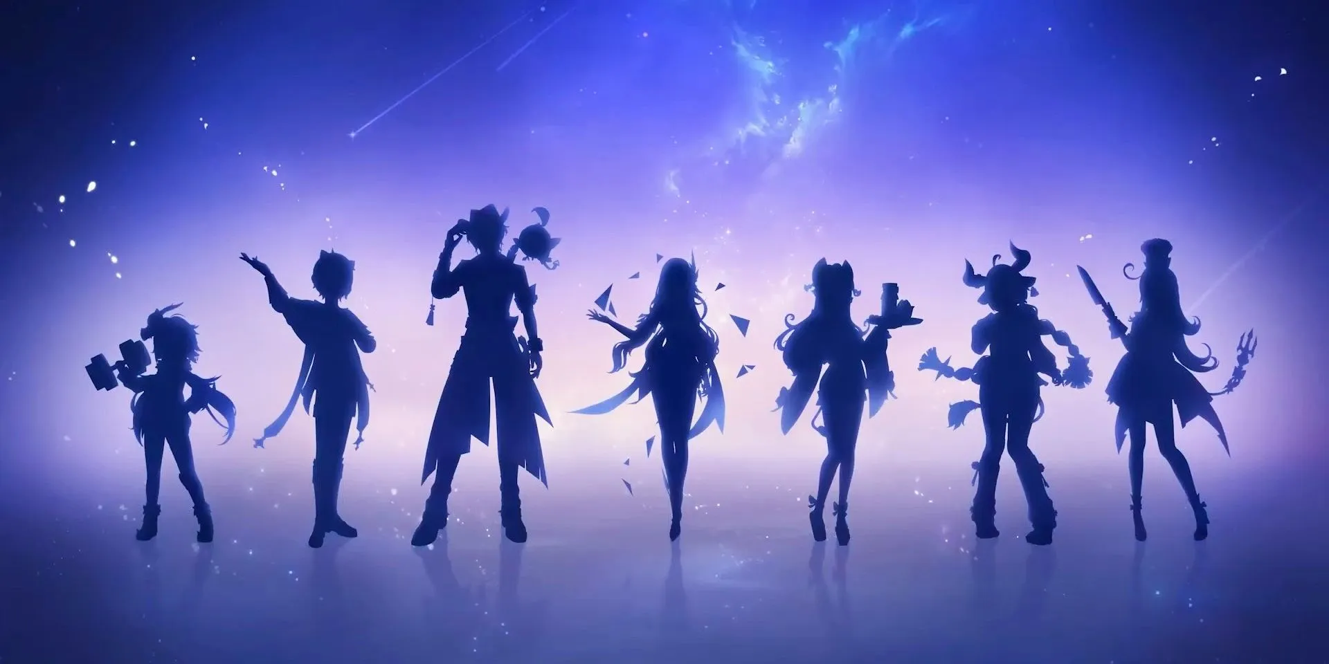 Seven silhouettes of Genshin Impact characters. Seven silhouettes of Genshin Impact characters.