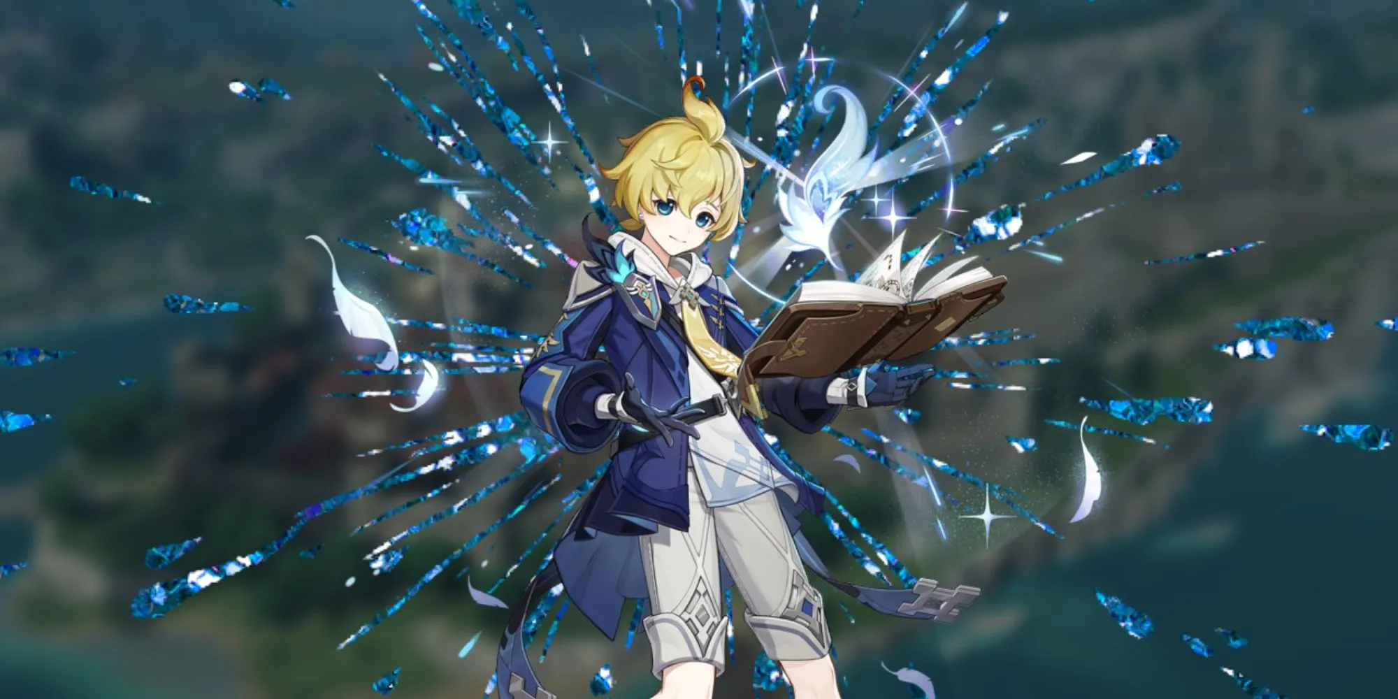 Genshin Impact's Mika poses with a book in their hands as ice explodes behind them. Genshin Impact's Mika poses with a book in their hands as ice explodes behind them.