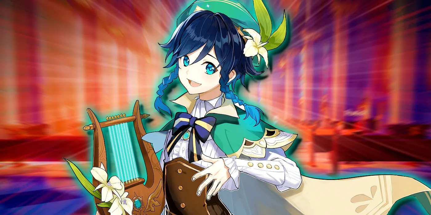 Venti holds a lyre and smiles against a vibrant red backdrop. Venti holds a lyre and smiles against a vibrant red backdrop.