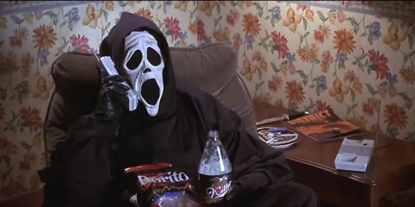 Ghostface enjoys snacks while making calls in Scary Movie