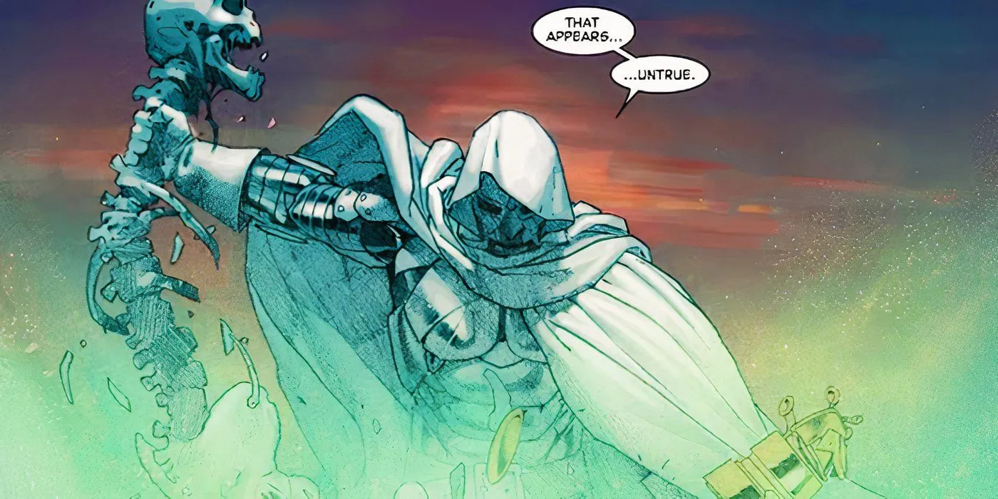 God Emperor Doom removing Thanos' skeleton from Marvel Comics' Secret Wars