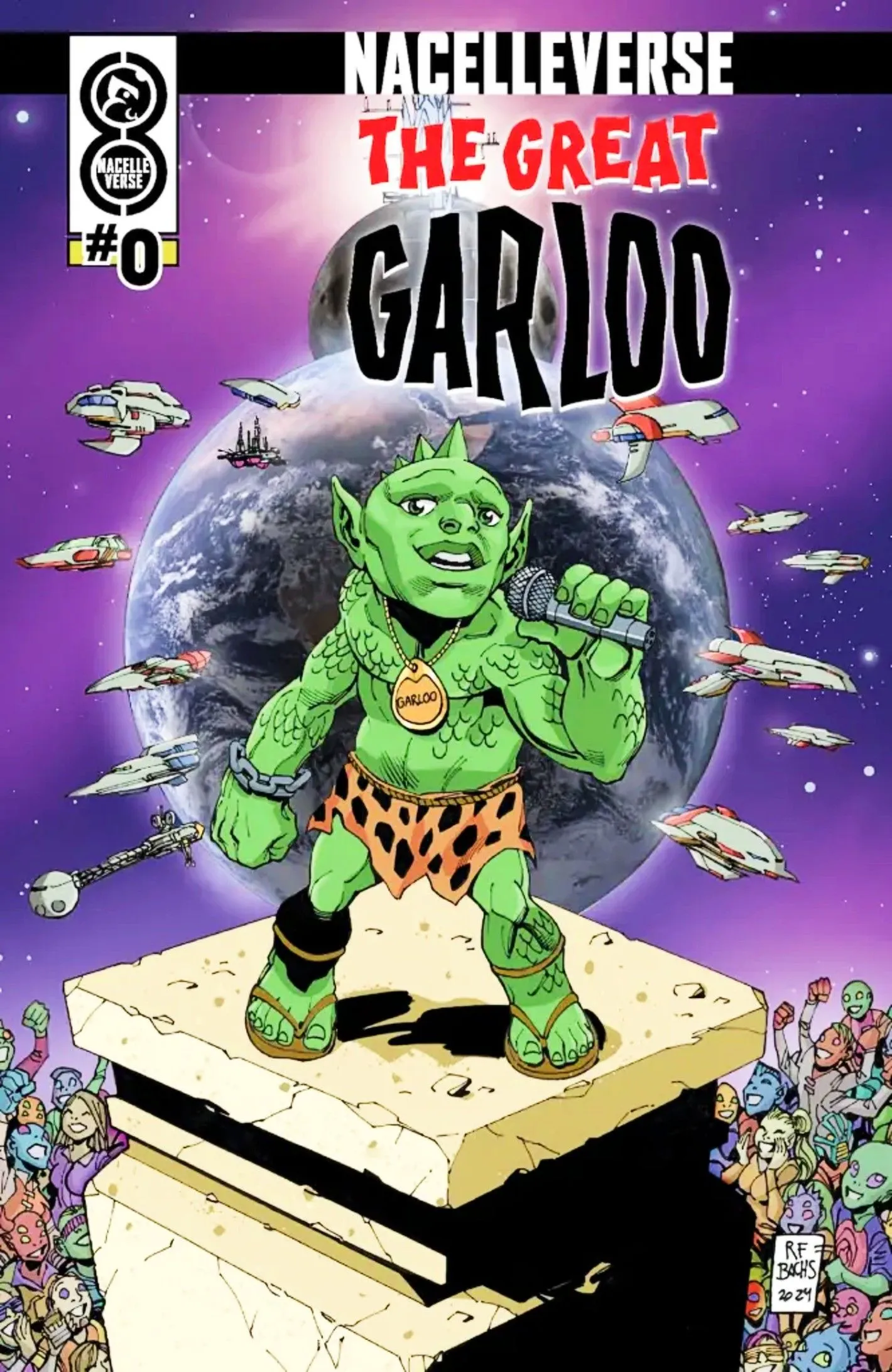 Great Garloo #0 variant cover, Garloo singing into a microphone in front of Earth surrounded by spaceships Great Garloo #0 variant cover, Garloo singing into a microphone in front of Earth surrounded by spaceships