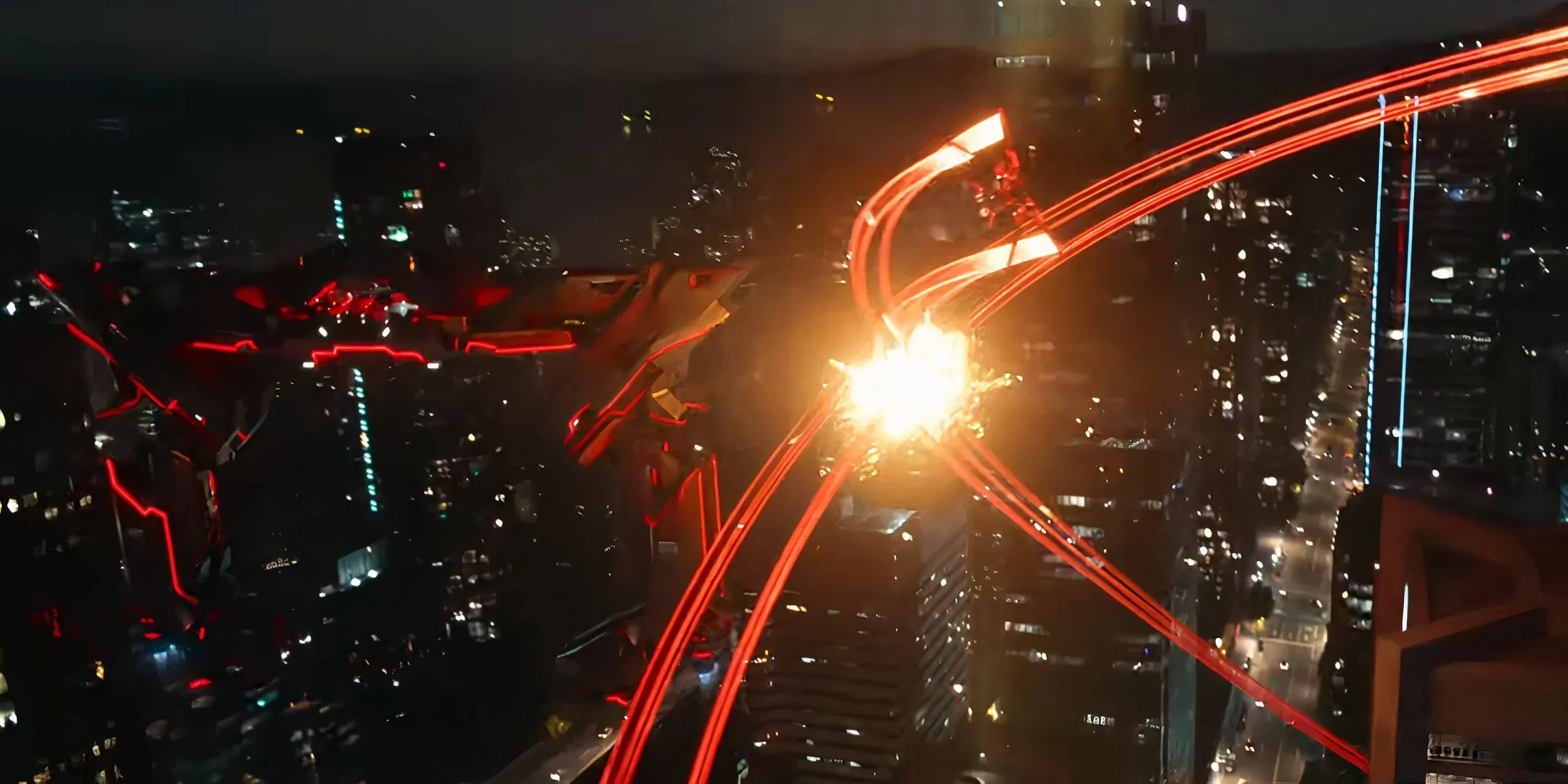 Grid light ships protecting a larger ship in Tron: Ares