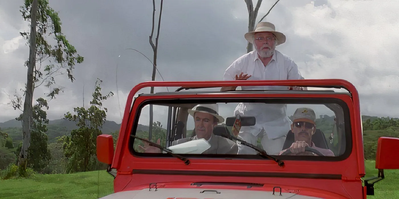 Hammond leaning out of his jeep in Jurassic Park.