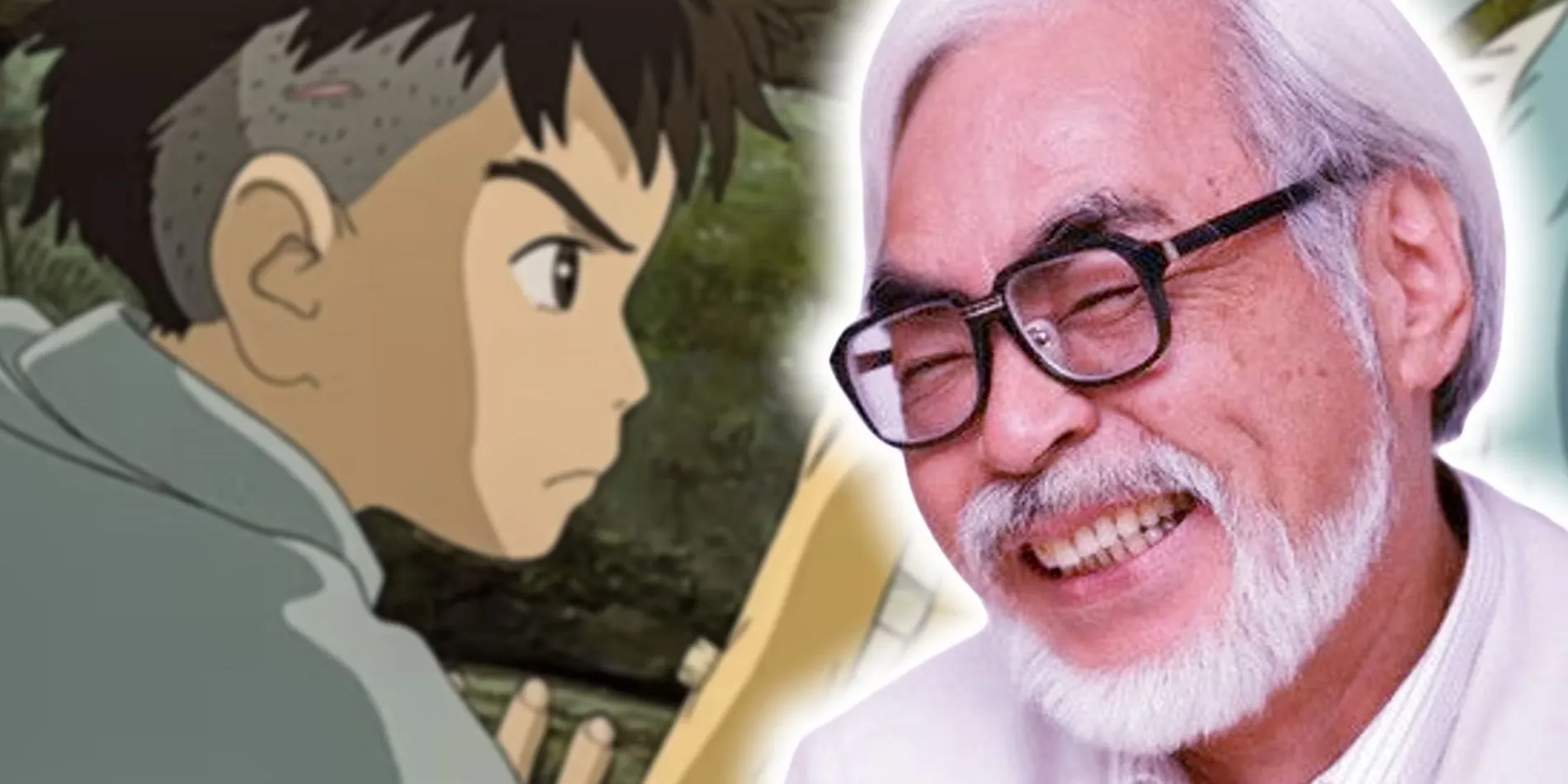Hayao Miyazaki laughing with a poster of The Boy And The Heron behind him