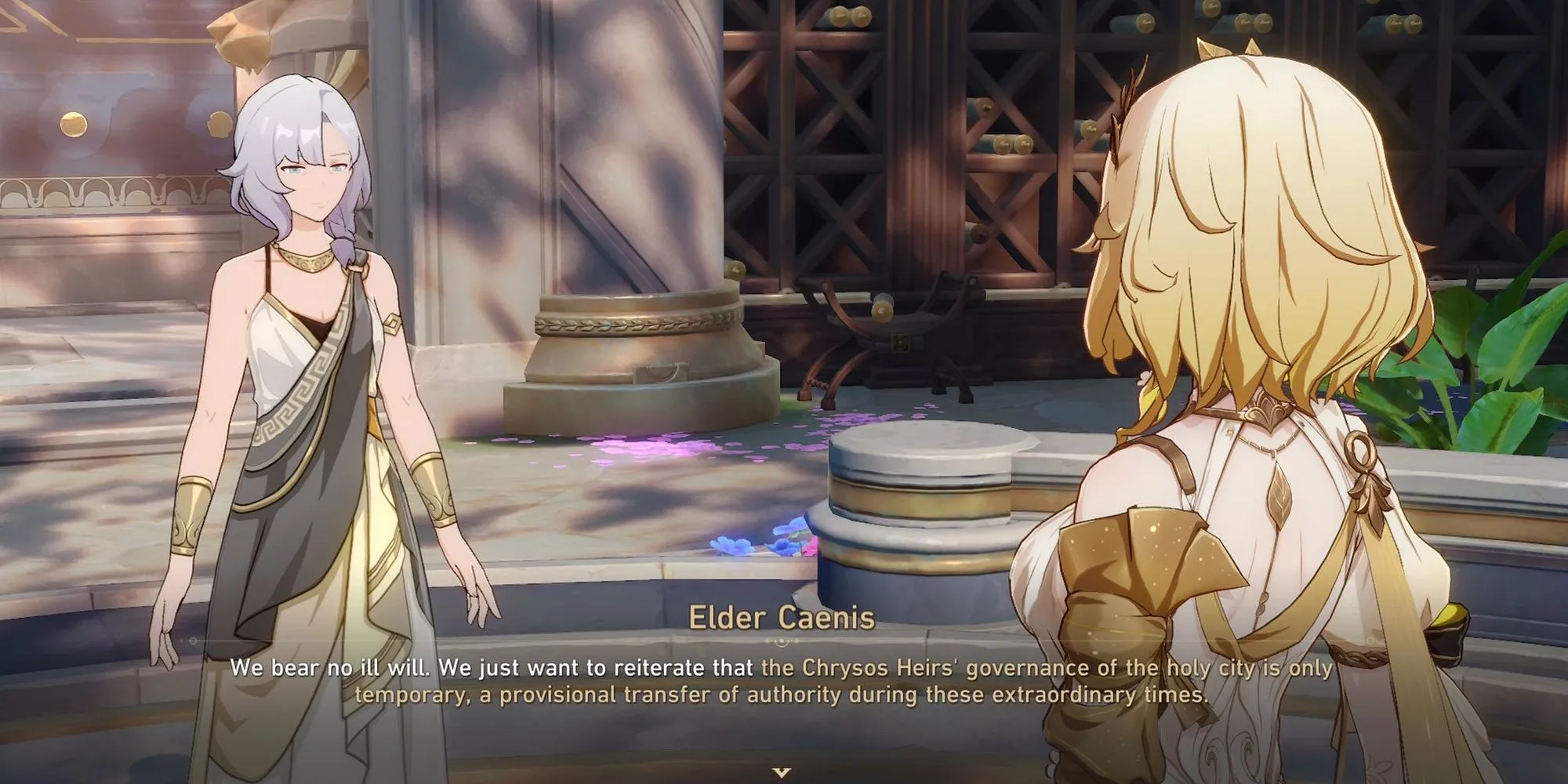 Honkai Star Rail's Elder Caenis converses with Aglaea in Amphoreus. Honkai Star Rail's Elder Caenis converses with Aglaea in Amphoreus.