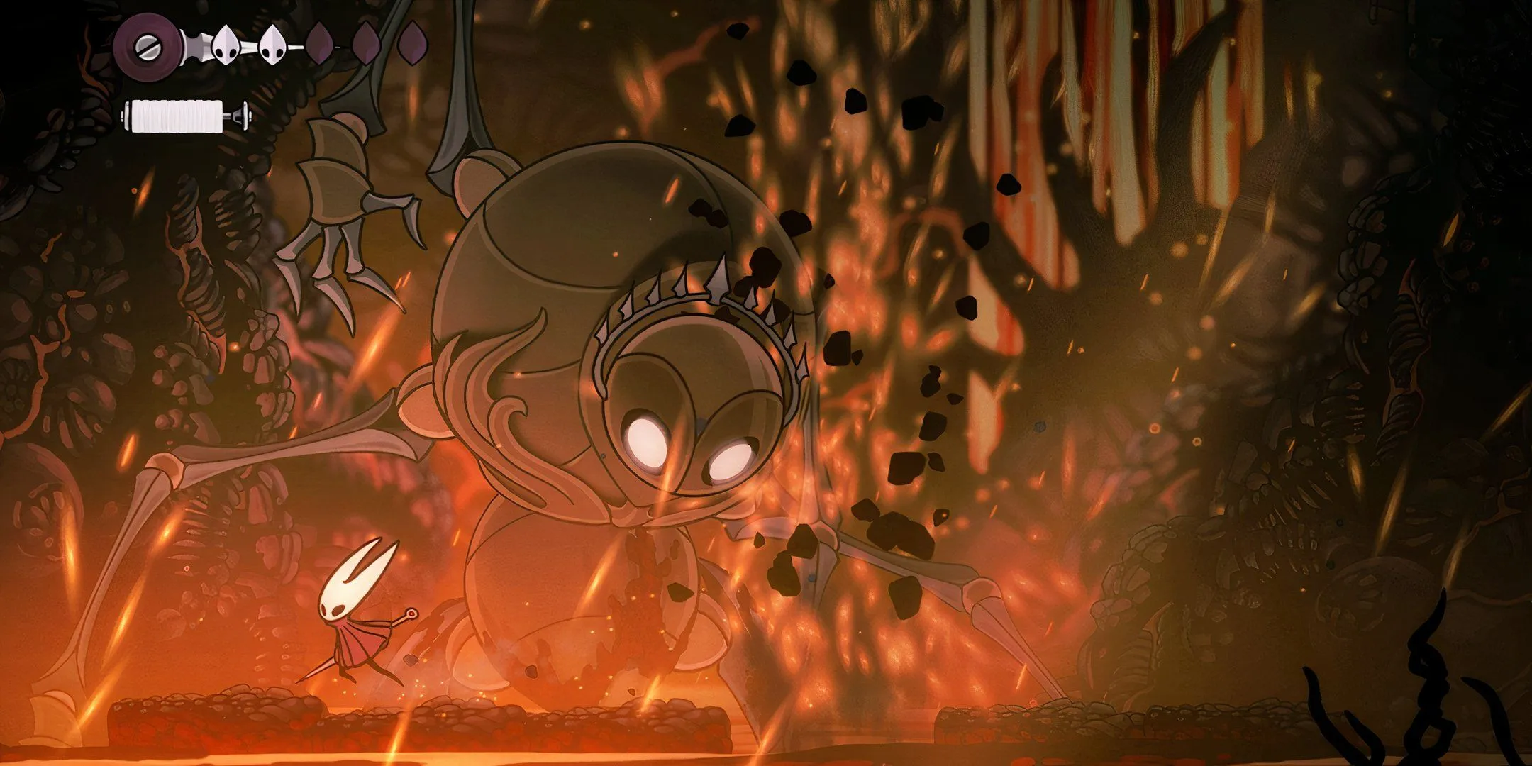 Hornet battling an enemy surrounded by lava in Hollow Knight: Silksong Hornet battling an enemy surrounded by lava in Hollow Knight: Silksong