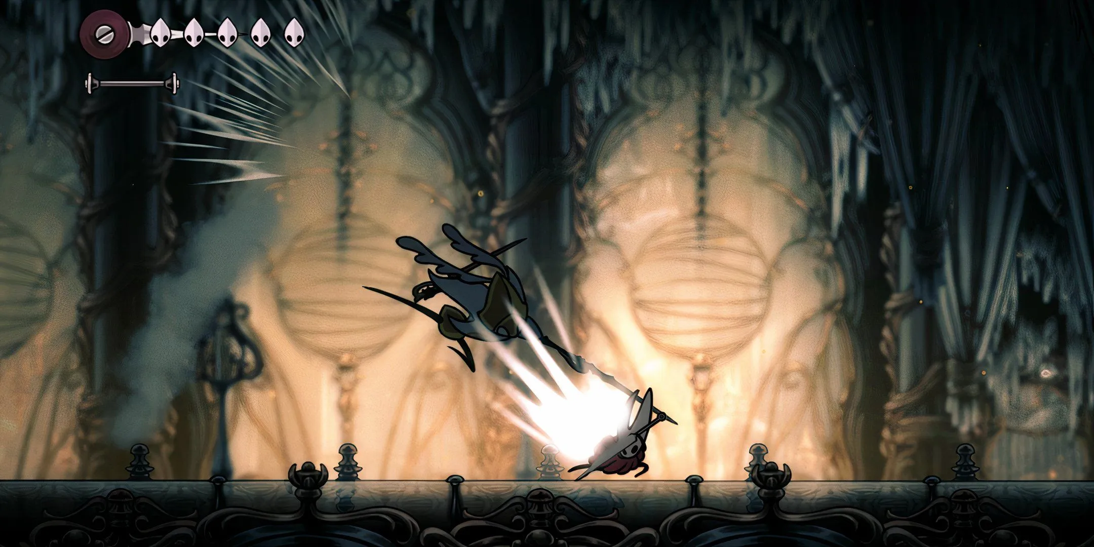 Hornet battling an enemy with swords in Hollow Knight: Silksong. Hornet battling an enemy with swords in Hollow Knight: Silksong.