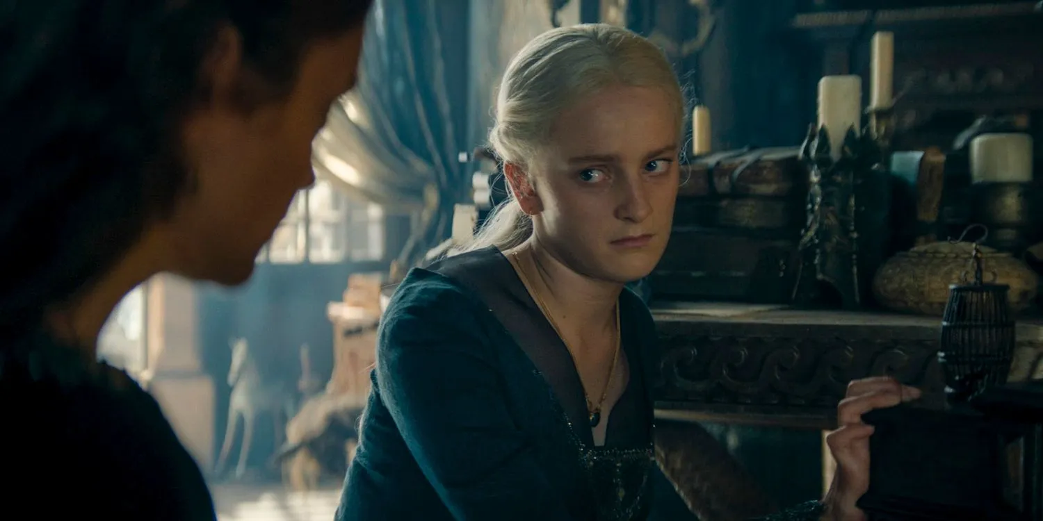 Helaena Targaryen looking at Alicent with apprehension in House of the Dragon
