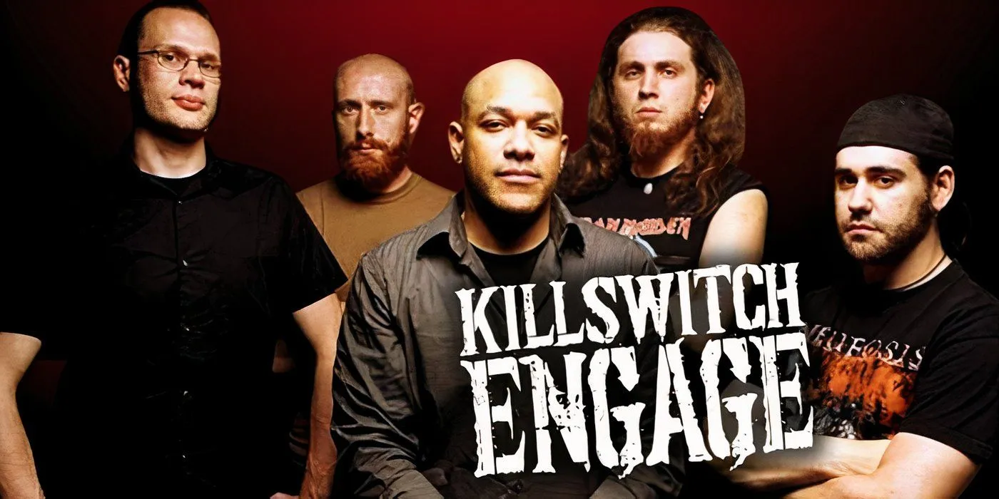 The band Killswitch Engage alongside their logo The band Killswitch Engage alongside their logo