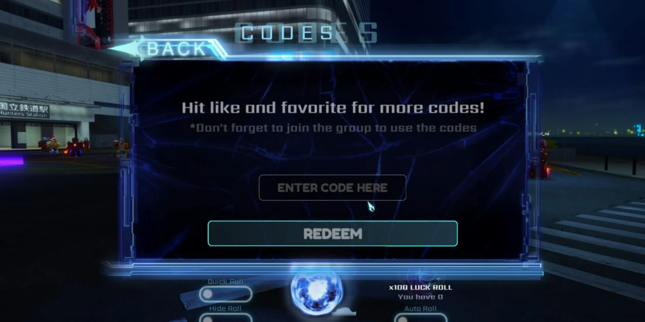 Hunters the codes tab
