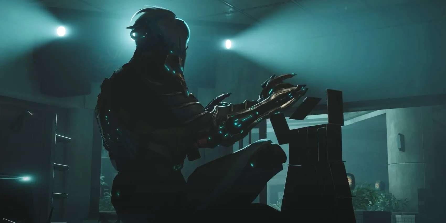 Warframe character meditating at a strange device