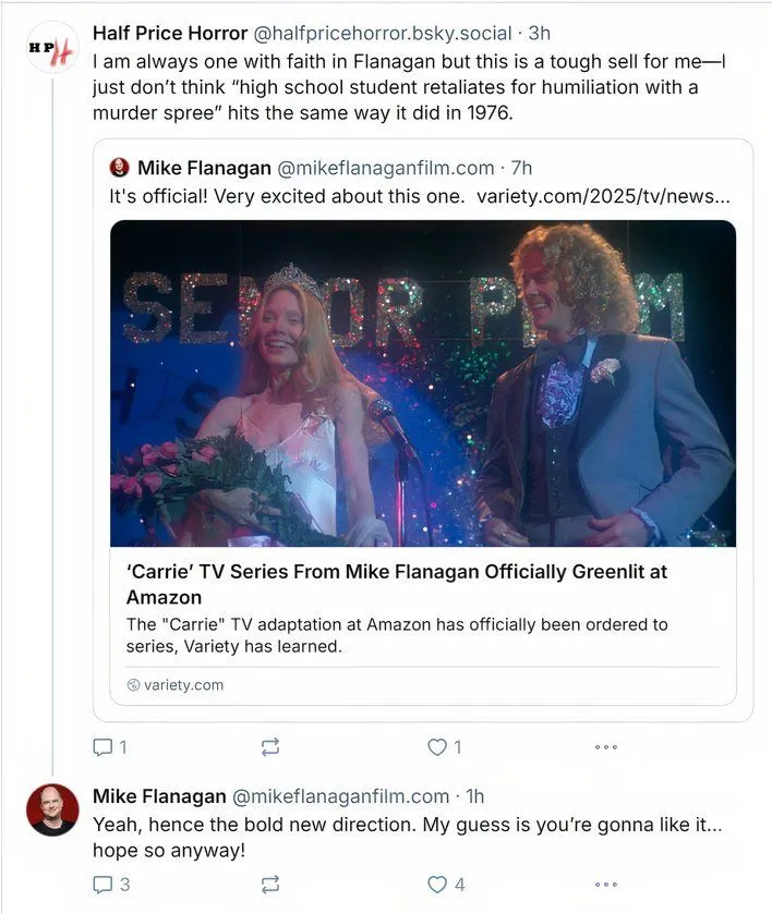 Mike Flanagan responding to a post about the Carrie show Mike Flanagan responding to a post about the Carrie show