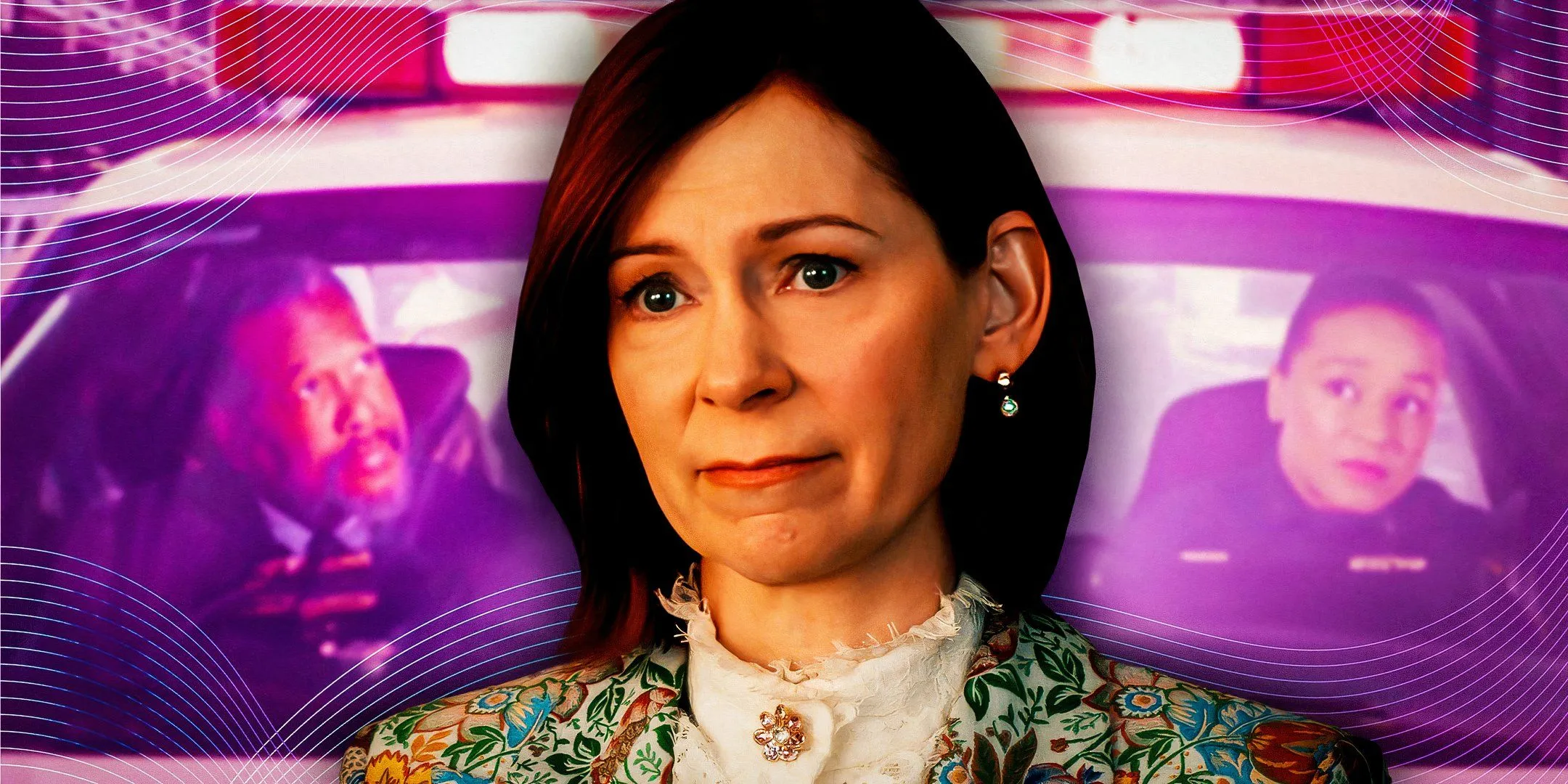 Carrie Preston as Elsbeth in Elsbeth in front of two people in a cop car