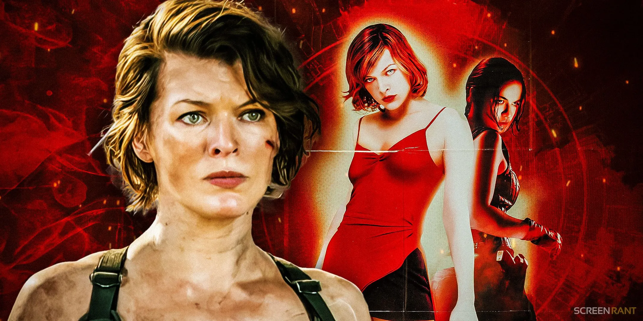 Alice from Resident Evil: The Final Chapter alongside the poster for Resident Evil (2002)