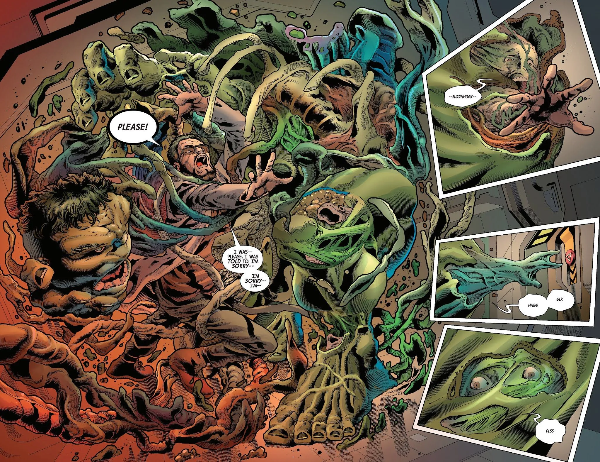 The Hulk consumes a scientist inside his body as his healing factor kicks in. The Hulk consumes a scientist inside his body as his healing factor kicks in.