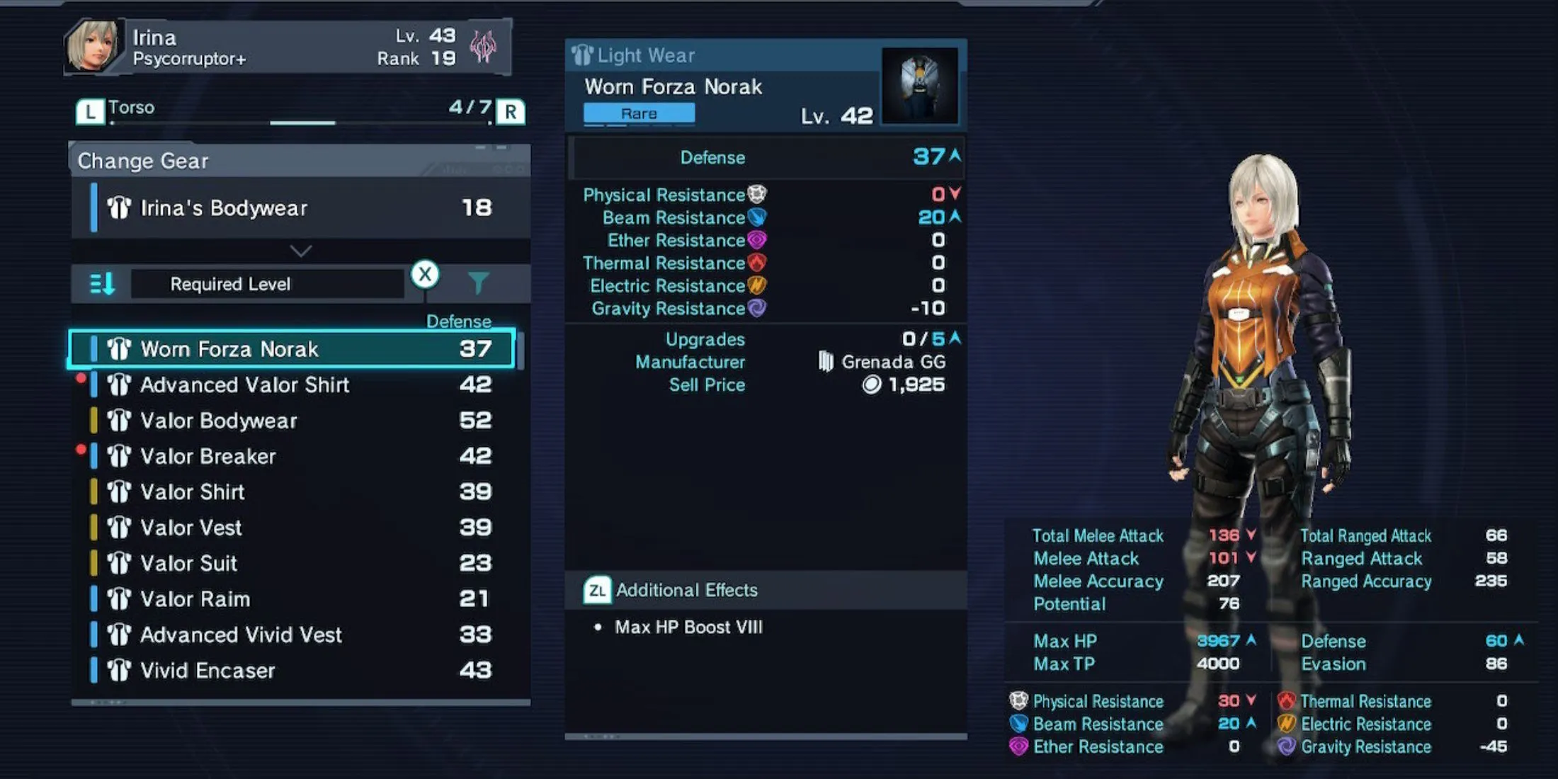 Irina's equipment in Xenoblade Chronicles X: Definitive Edition Irina's equipment in Xenoblade Chronicles X: Definitive Edition