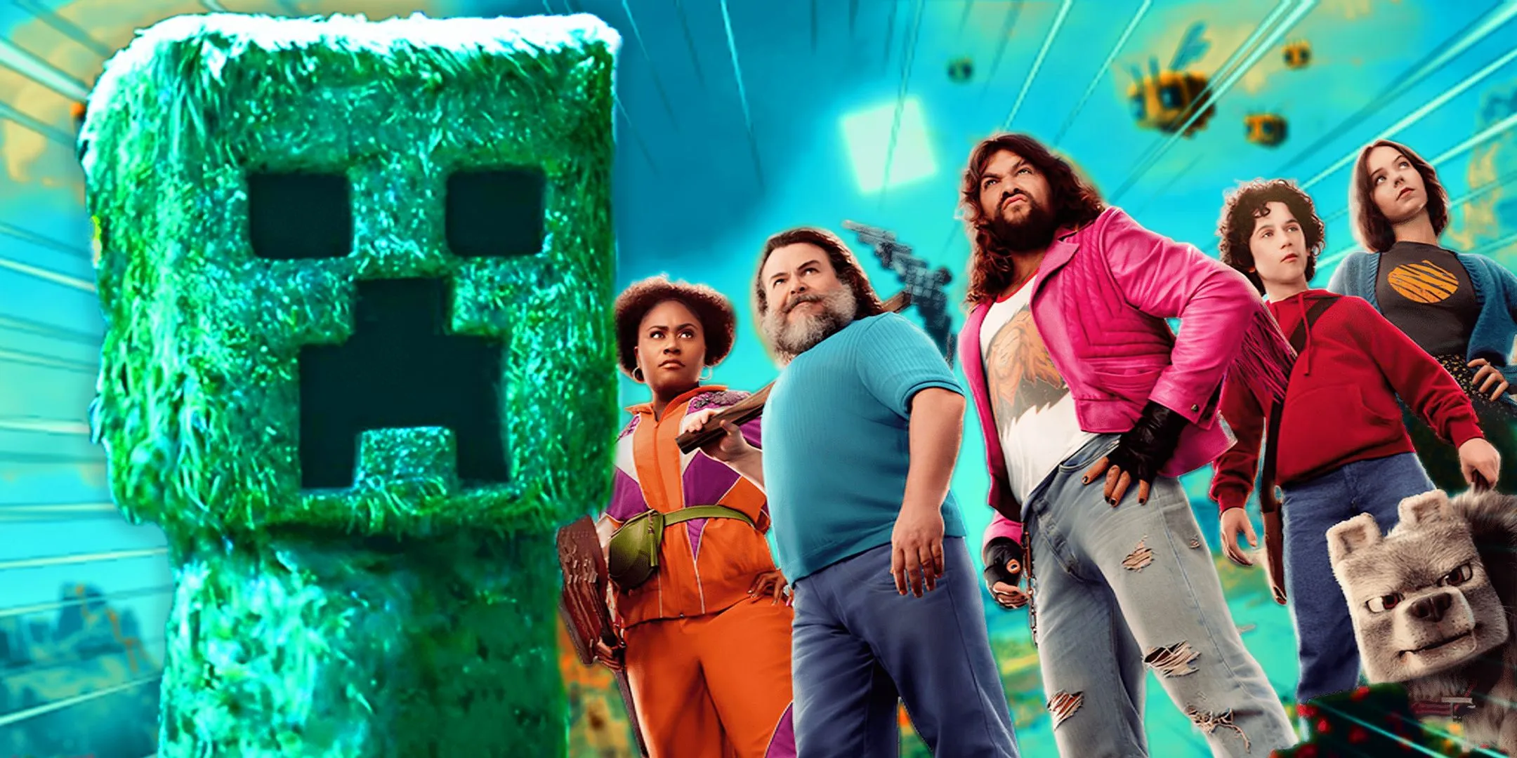 Jack Black and cast with Creeper in Minecraft Movie