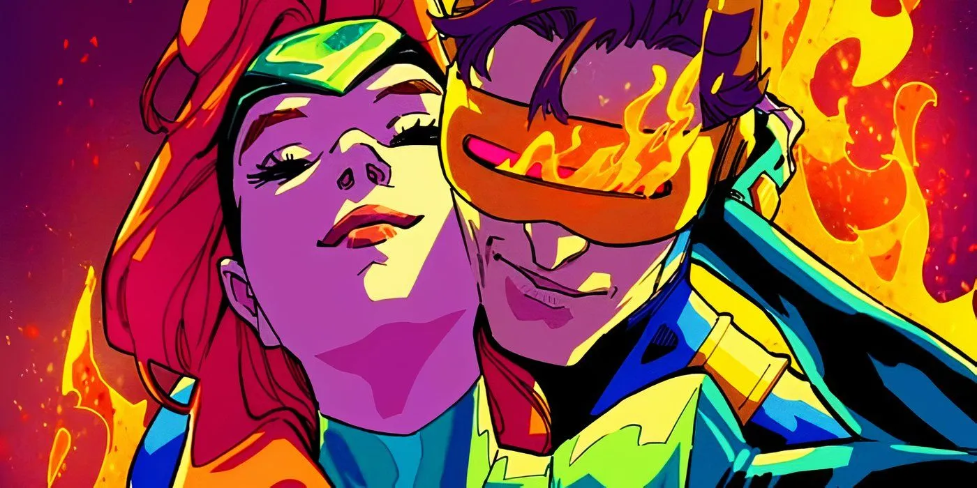 Jean Grey and Cyclops embracing in Marvel Comics
