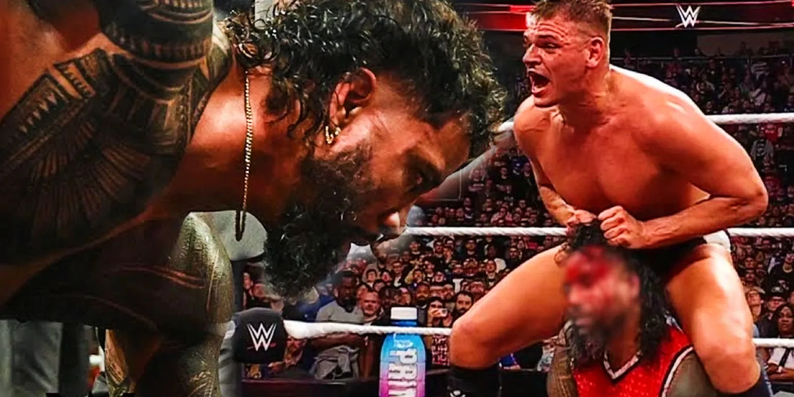 Jey Uso and Gunther with bloodied Jimmy