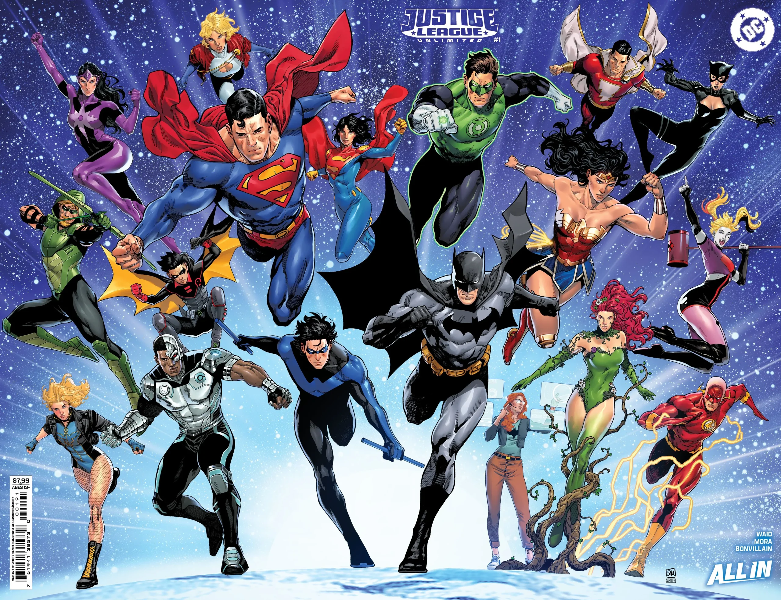Comic book cover: the Justice League in action.
