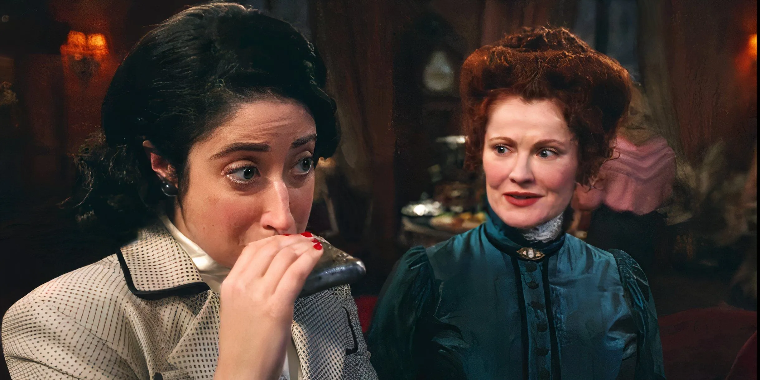 Joan drinks from a flask while Hetty watches Joan drinks from a flask while Hetty watches