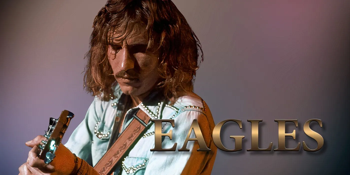 Guitarist Joe Walsh alongside the Eagles band logo