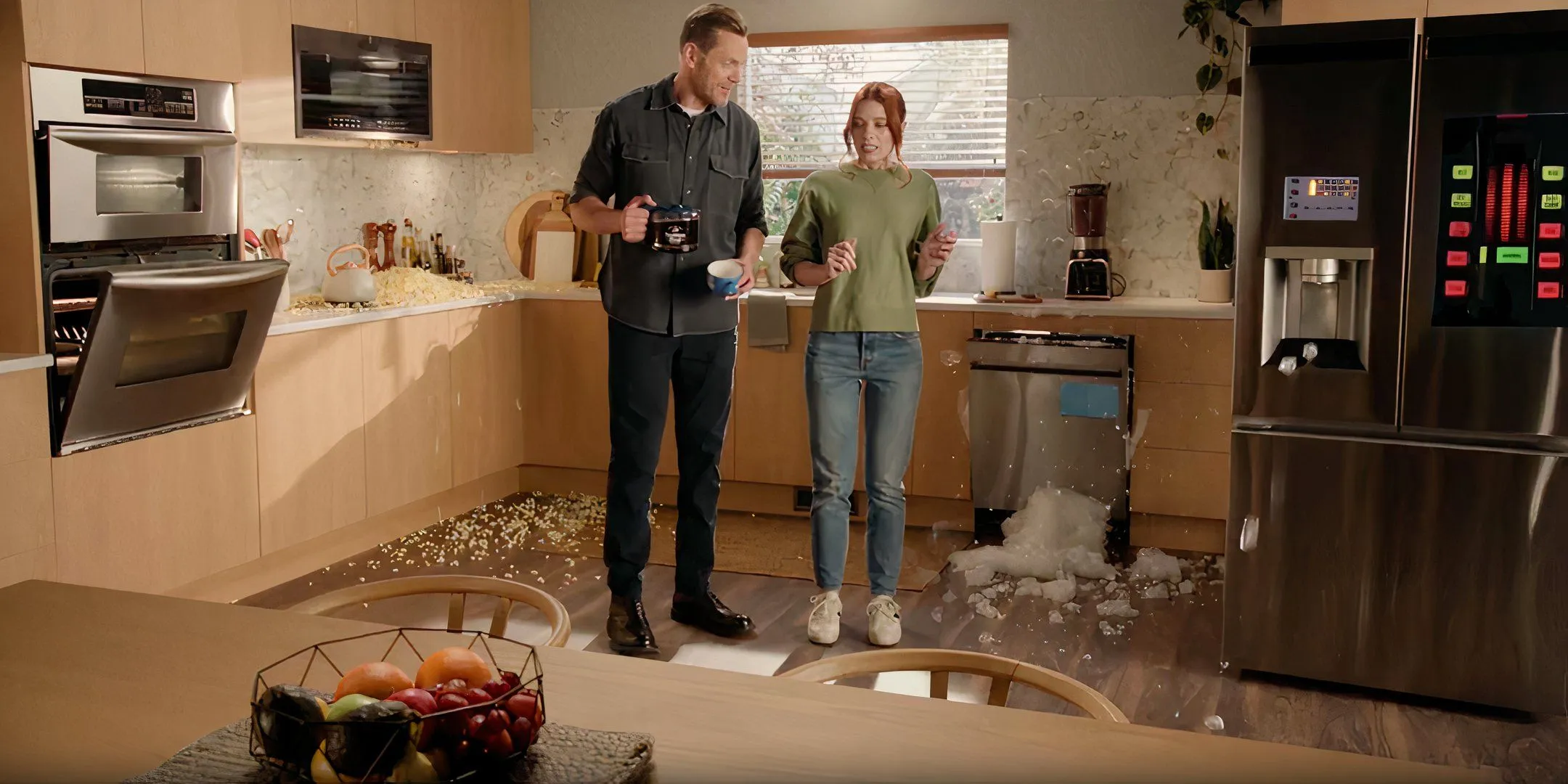 Joel McHale talking to a woman while her kitchen goes haywire in Seattle's Best Coffee commercial Joel McHale talking to a woman while her kitchen goes haywire in Seattle's Best Coffee commercial
