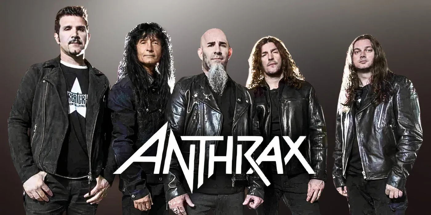 The band Anthrax alongside their logo The band Anthrax alongside their logo