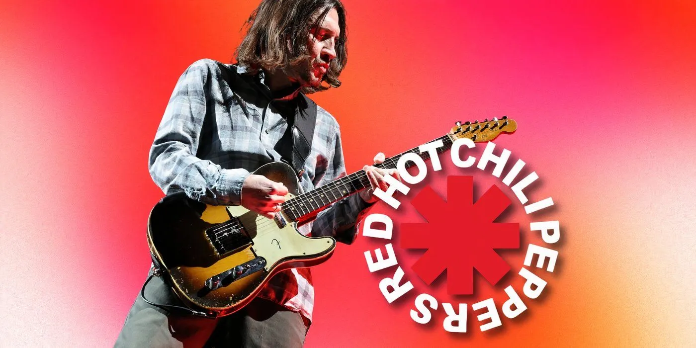 Guitarist John Frusciante alongside the Red Hot Chili Peppers band logo