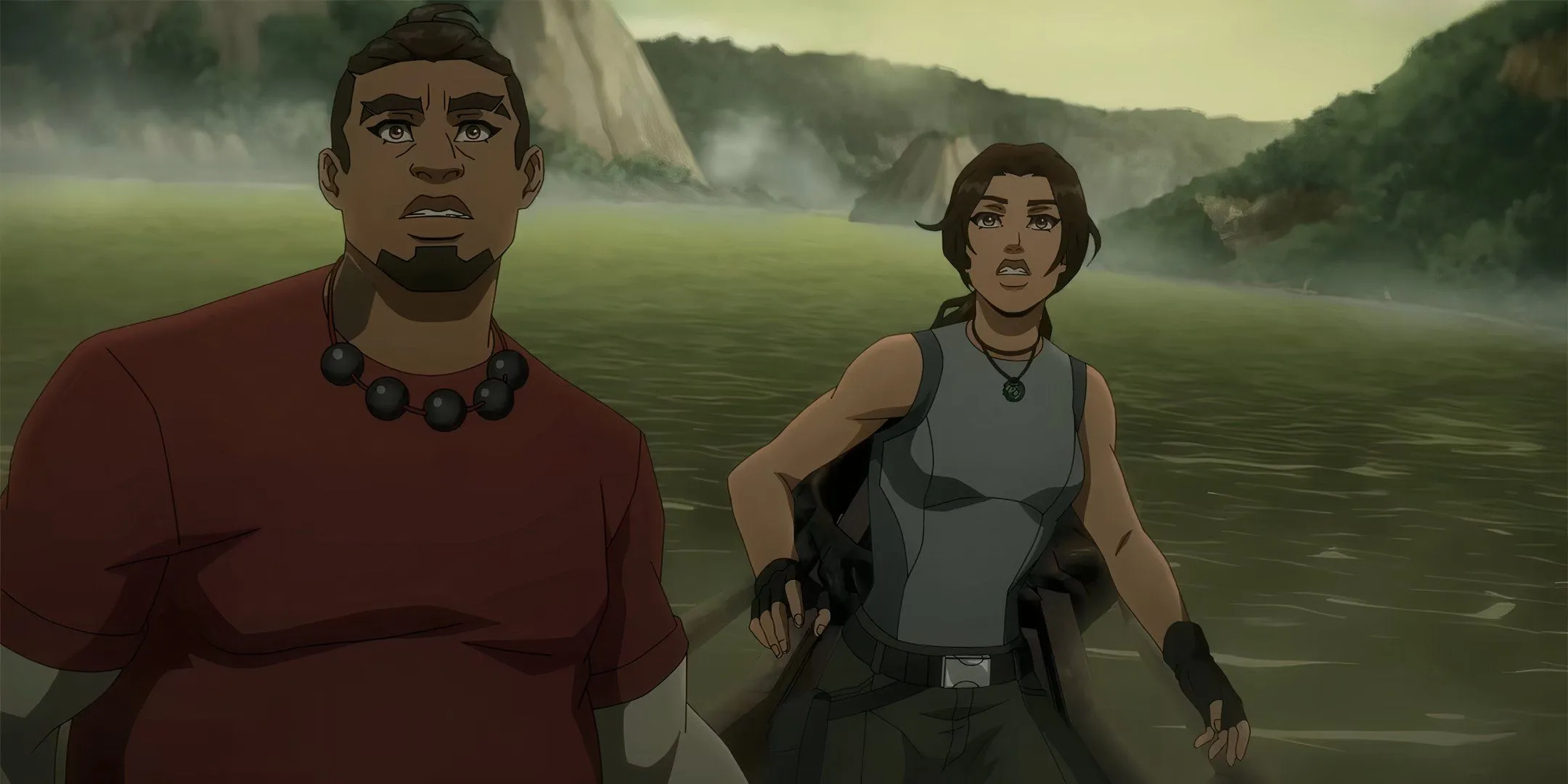 Lara and Jonah concerned as a wave approaches Lara and Jonah concerned as a wave approaches