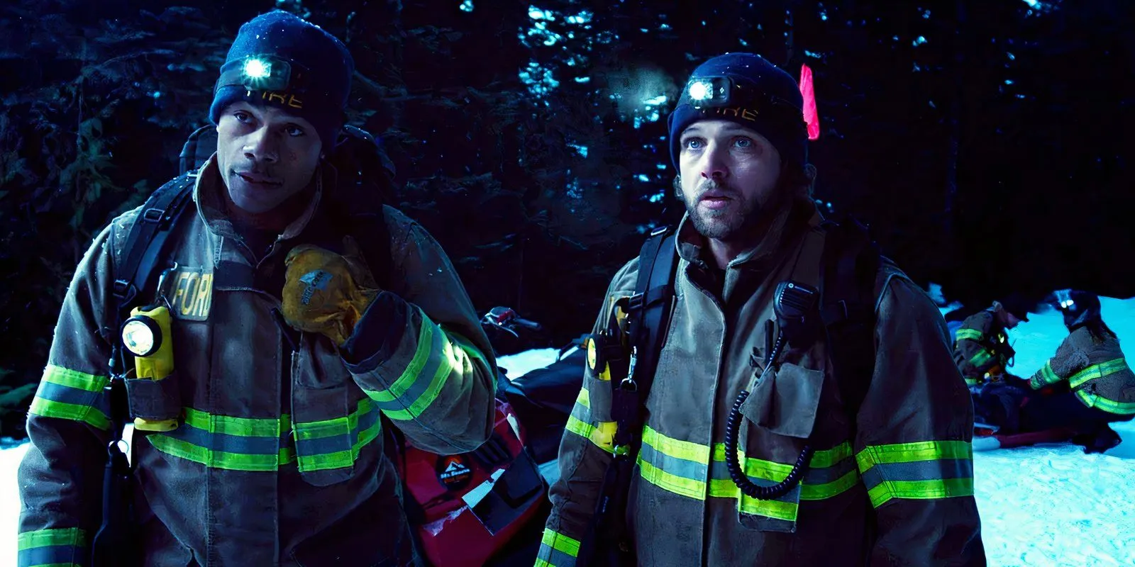 Jordan Calloway as Jake Crawford and Max Thieriot as Bode Leone in Fire Country Season 3 Episode 17 Jordan Calloway as Jake Crawford and Max Thieriot as Bode Leone in Fire Country Season 3 Episode 17