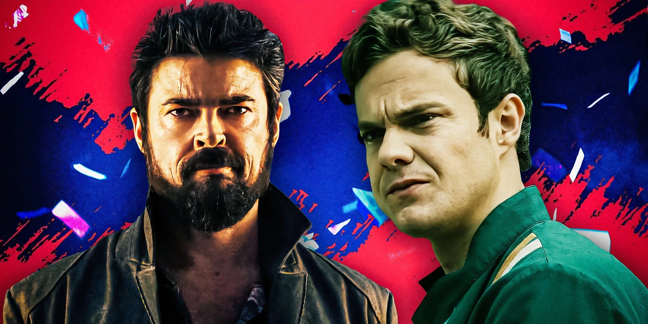 Karl Urban smirking as Billy Butcher next to Jack Quaid looking unsure as Hughie Campbell in The Boys