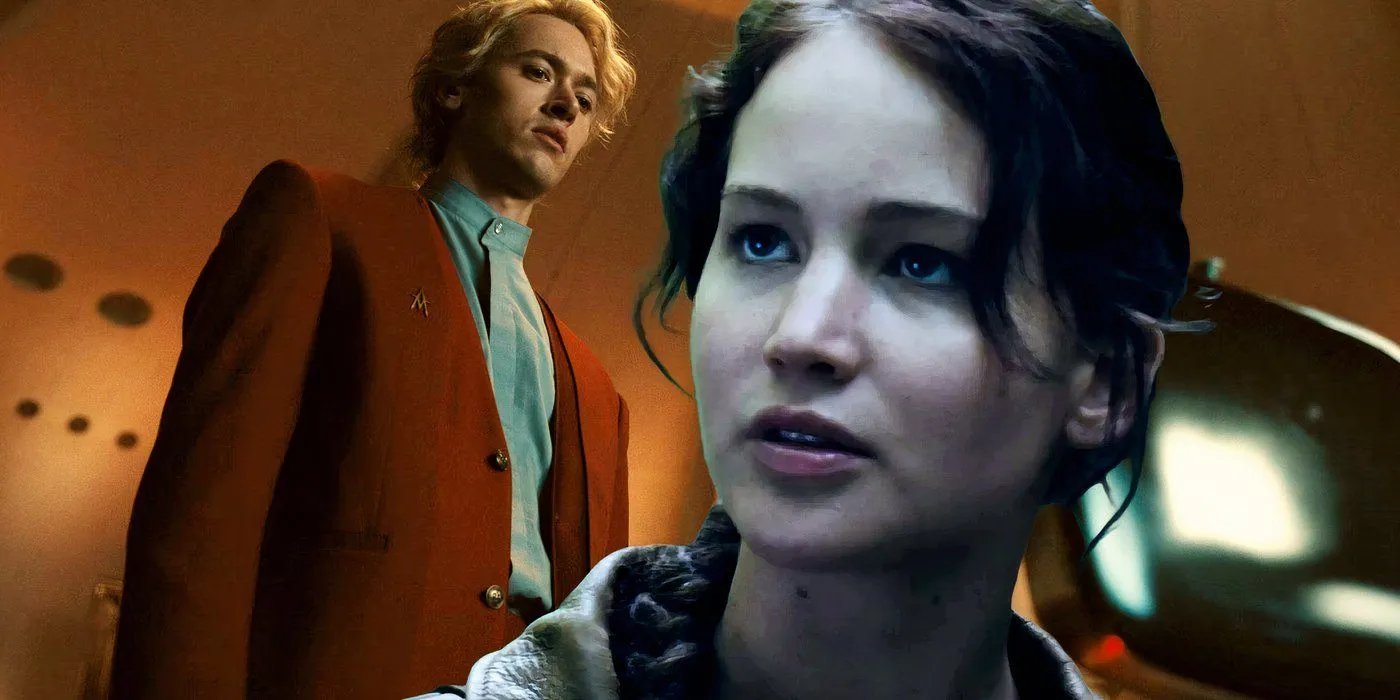 Katniss from The Hunger Games with Coriolanus Snow from The Ballad of Songbirds and Snakes Katniss from The Hunger Games with Coriolanus Snow from The Ballad of Songbirds and Snakes