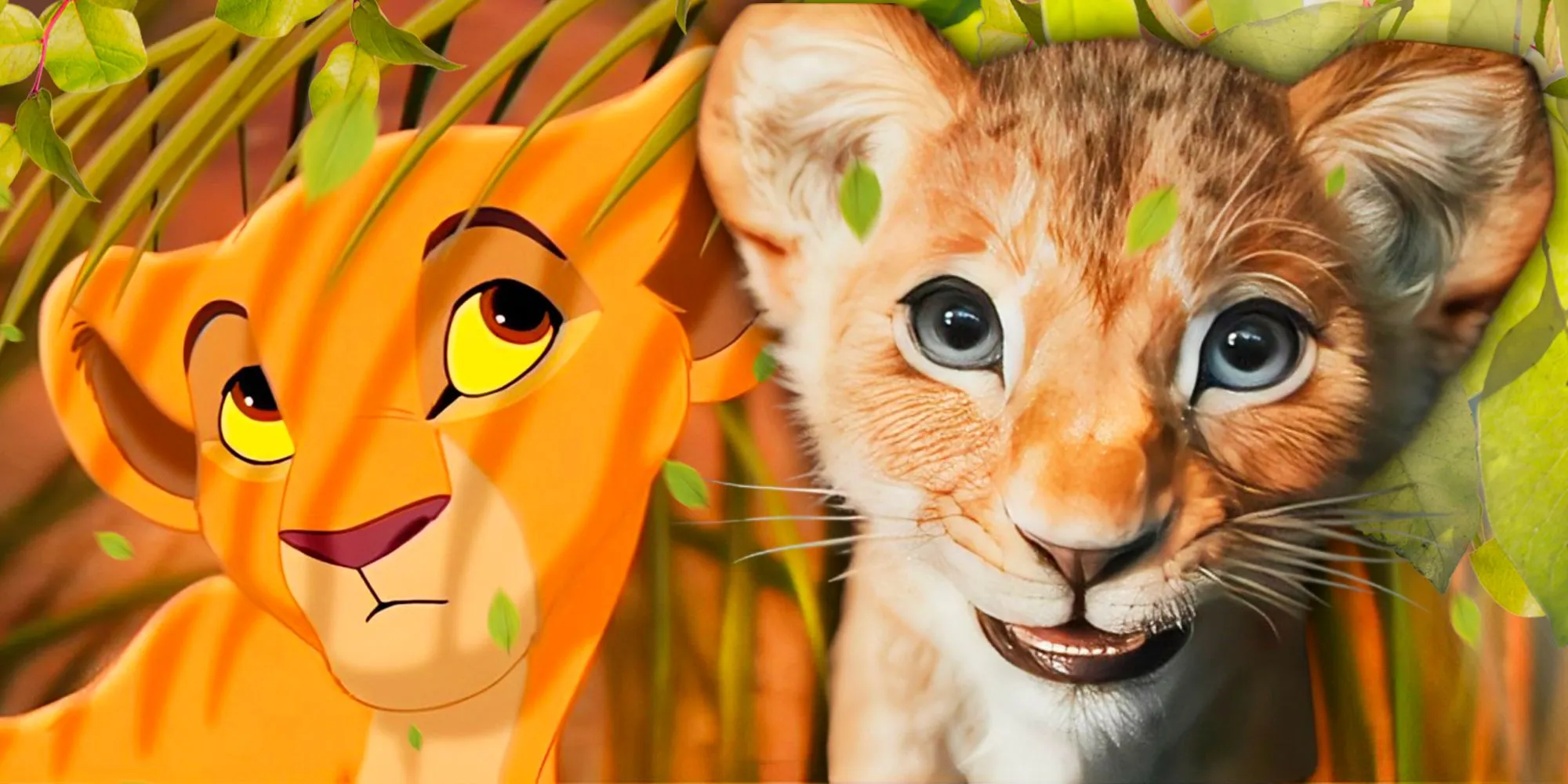 Kiara from both the live-action movie and the Lion King 2, both looking inquisitive