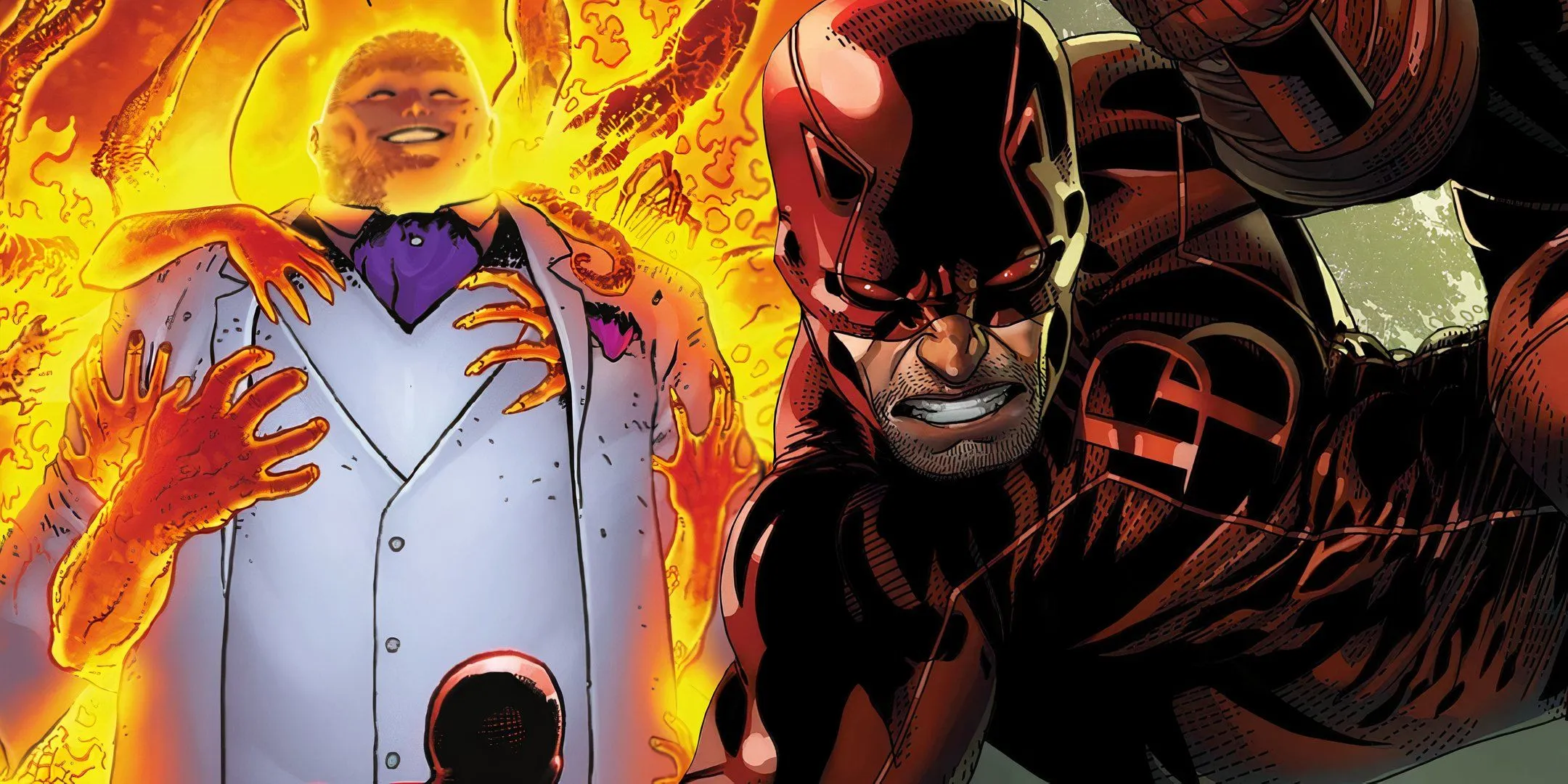 Kingpin engulfed in demonic flames (left) and Daredevil swinging into action (right.)